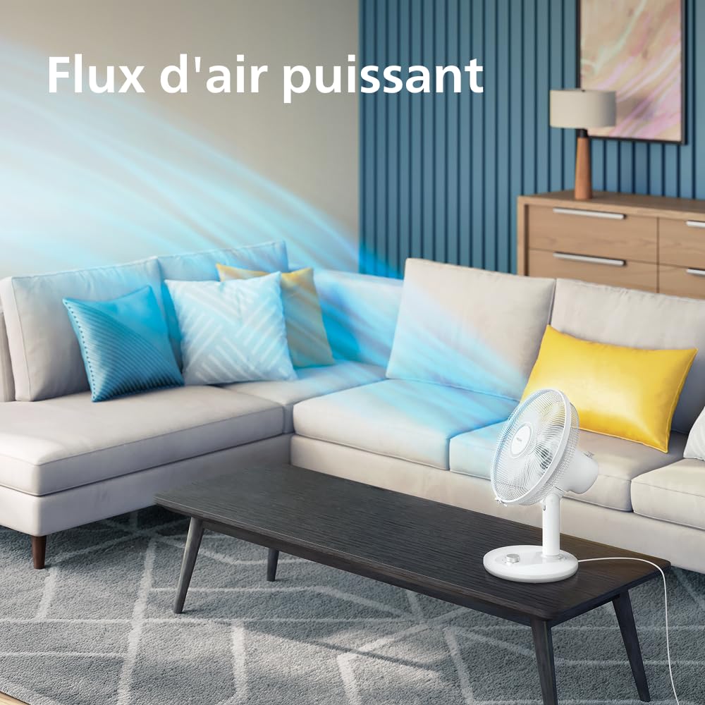 PHILIPS Série 1000 Ventilateur de Table – Flux d’air puissant et silencieux 35 dB – 3 vitesses réglables – Rotation et inclinaison ajustables – Design compact blanc (CX1030/00)