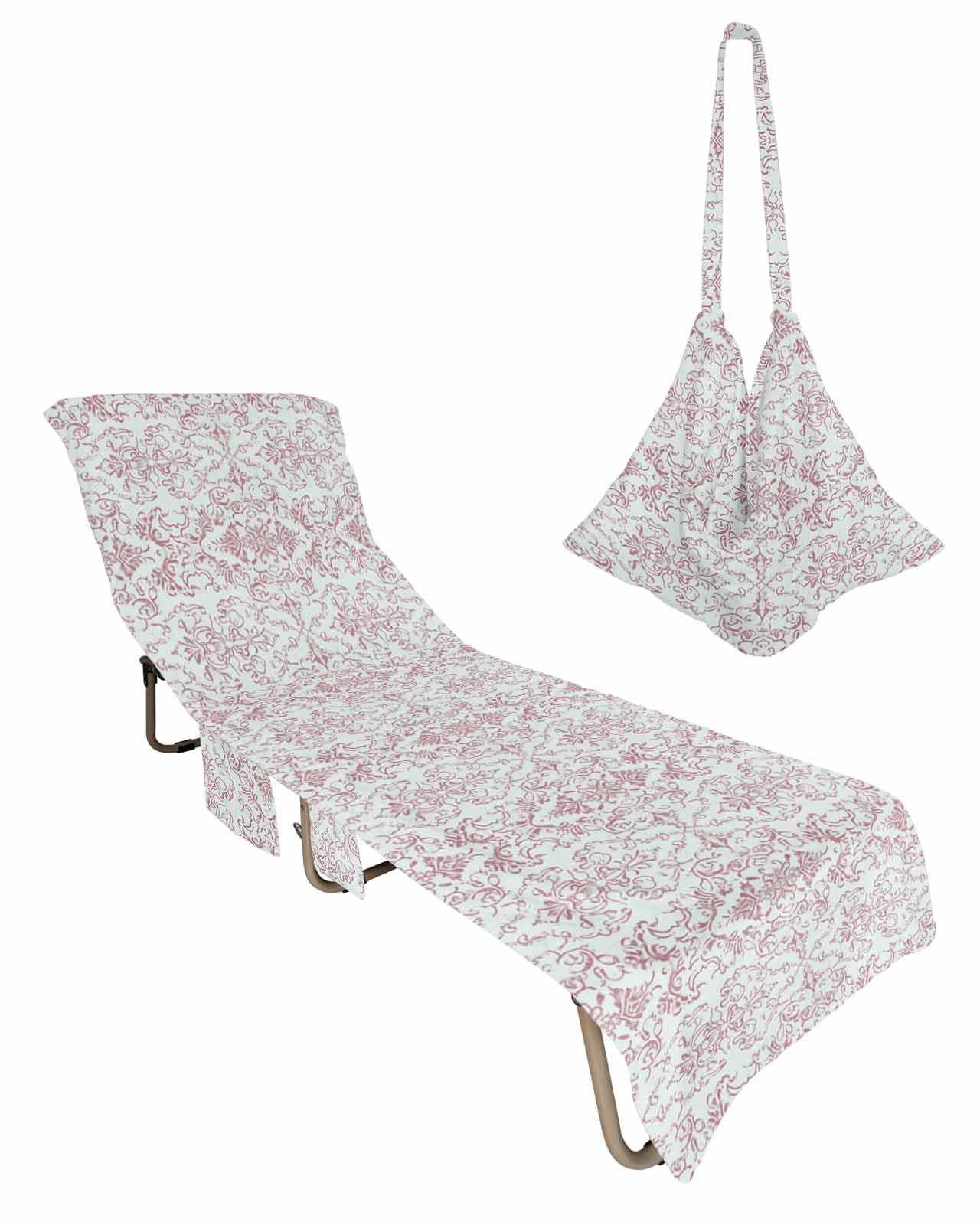 Pink Ethnic Beach Chair Cover with Side Pockets, Microfiber & Quick Dry Pool Chaise Lounge Chair Towels Covers for Sun Sunbathing Patio Garden Hotel, Traditional Oriental Boho Mandala Floral