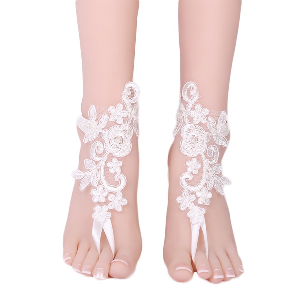 Bueer Bead Barefoot Sandals Beach Wedding Bridal Lace Floral Anklets Footwear