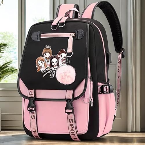 Miniatura 4 de Alikpop Mochila USB negra rosa apagado coreano casual mochila mochila portátil bolsa universitaria (B1), Negro -, Mochilas Daypack