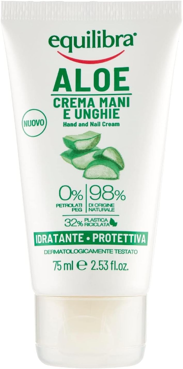 equilibra Corpo, Aloe Crema Mani e Unghie, Crema Mani a Base di Aloe Vera, Svolge un'Azione Idratante, Lenitiva, Protettiva e Riequilibrante sulla Pelle, Rapido Assorbimento, 75 ml