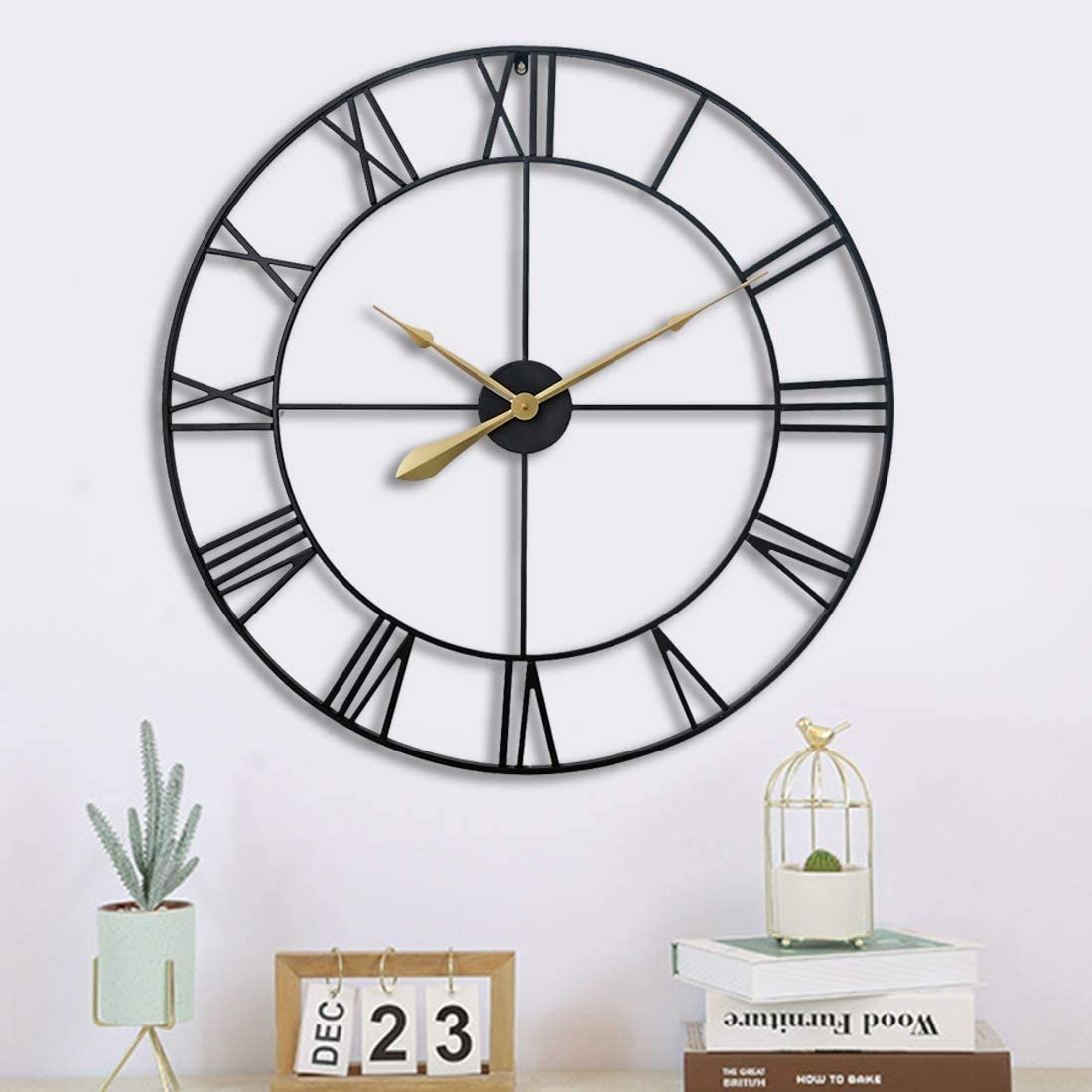 Grande horloge murale vintage silencieuse sans tic-tac pour cuisine Noir 80 cm