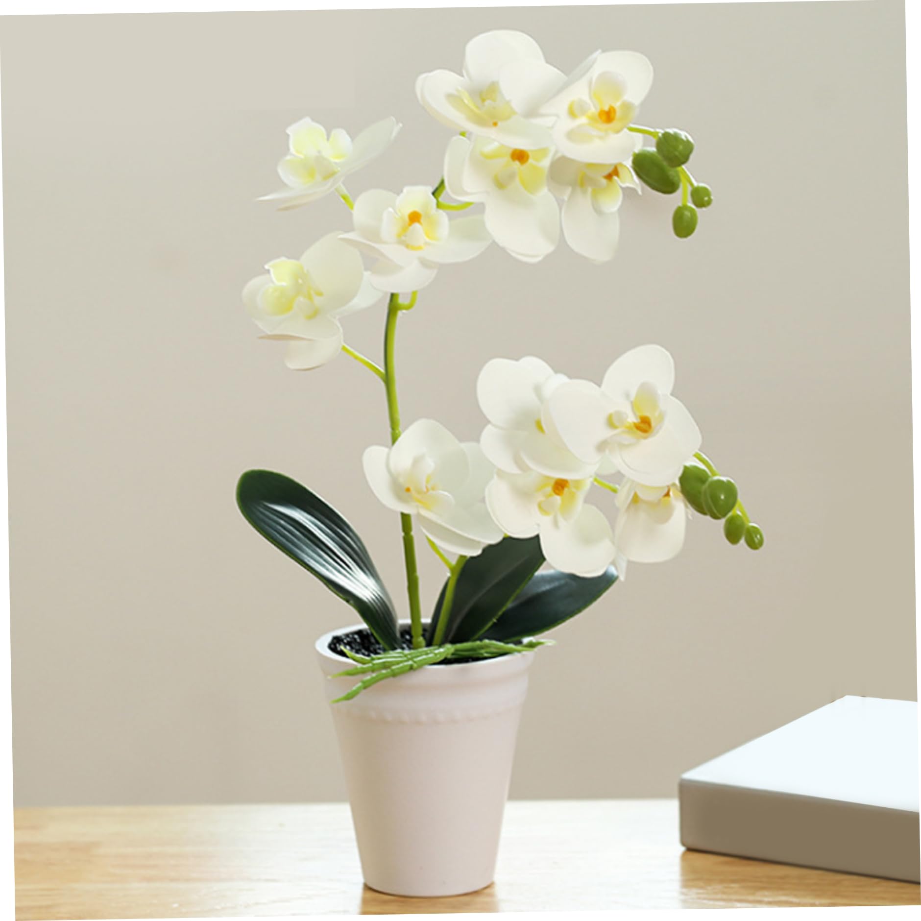 Leaf Pianta artificiale di orchidea Cymbidium da 90 cm, vaso di plastica nero extra large, giallo