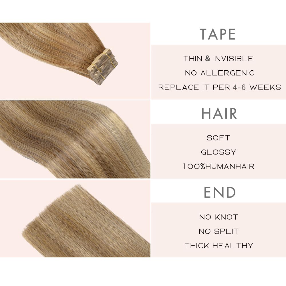 YDDM Extensiones de pelo humano con cinta adhesiva, 20 unidades, 60 cm, 50 g, color marrón claro con rubio dorado — view 3