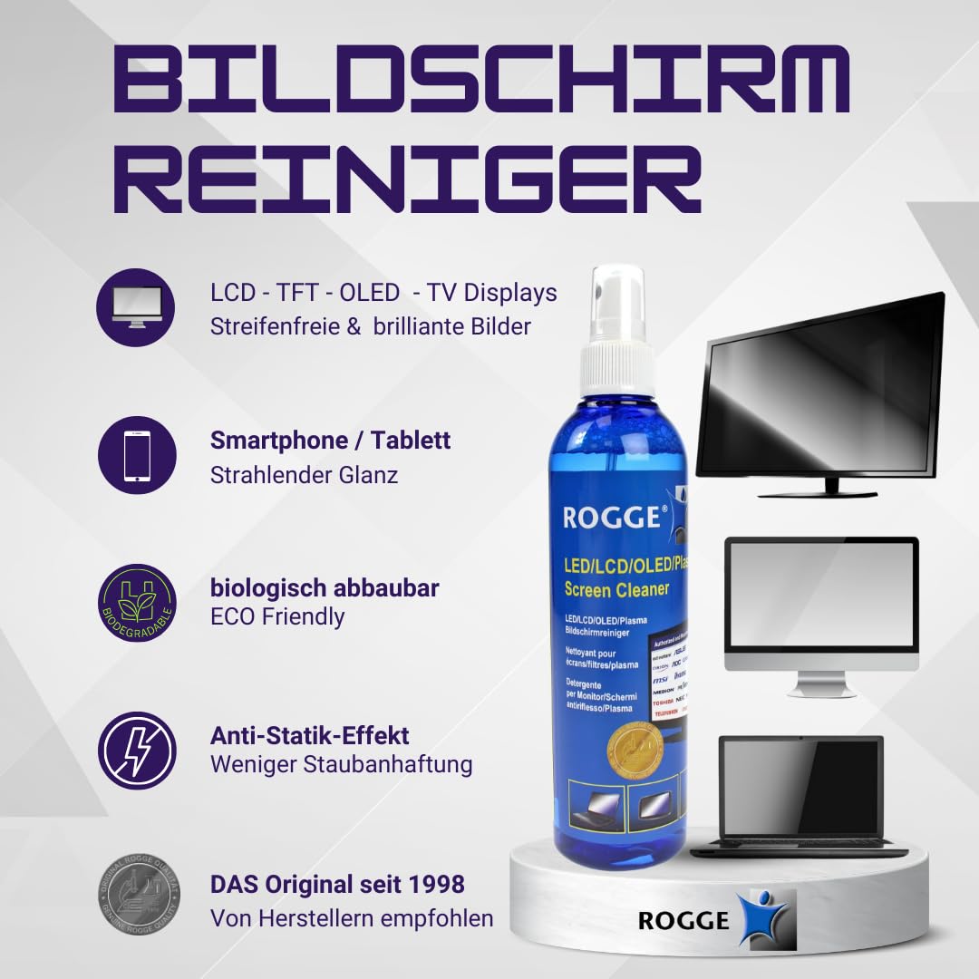 ROGGE Duo-Clean Original, 5X 250ml LED,LCD,TFT+Plasma Bildschirmreiniger inkl. 5X M.P.P Prof.Microfasertuch 38x40cm. Streifenfreie Reinigung alle glatten Oberflächen.