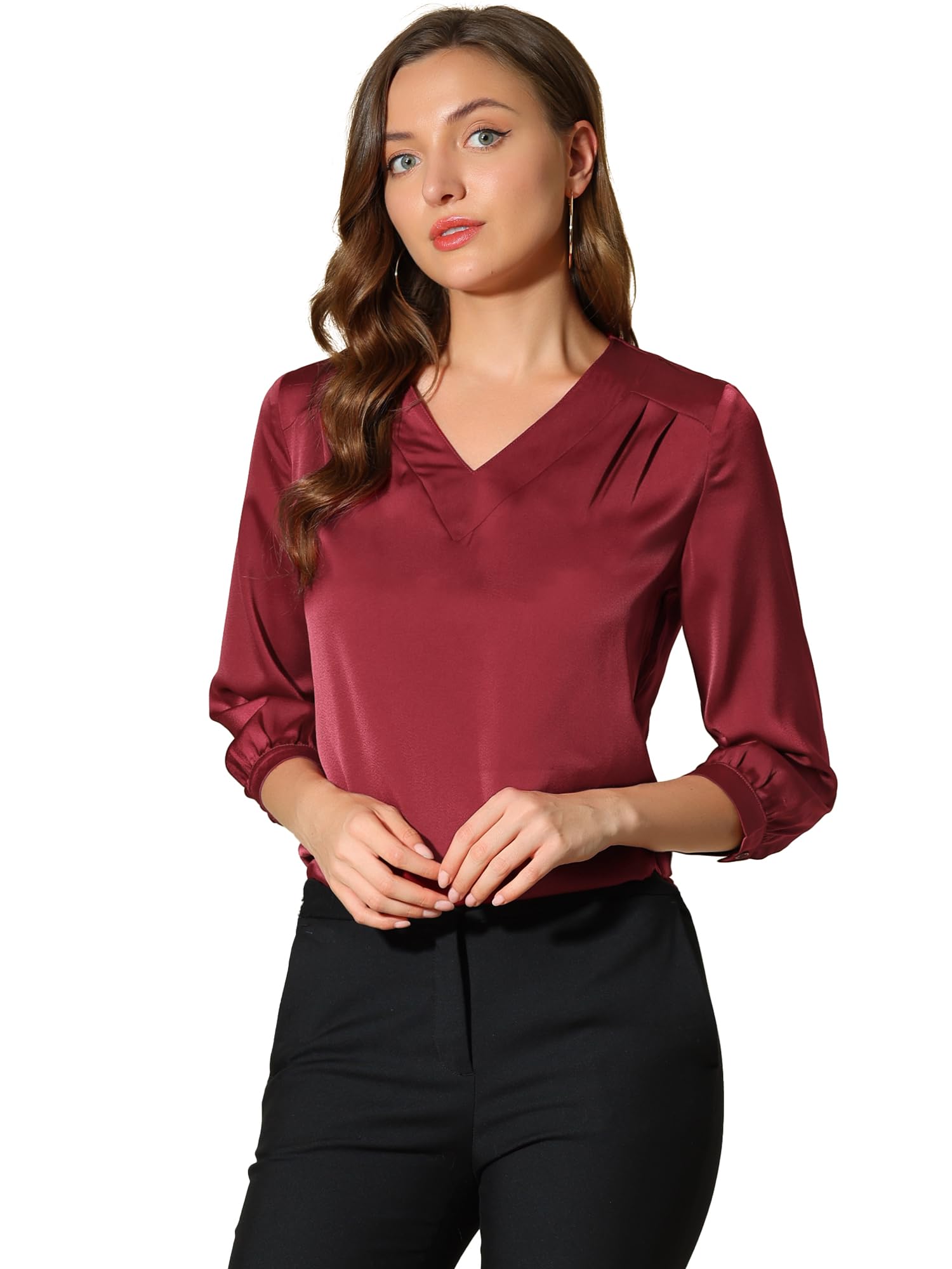 Allegra K Chemisier en satin pour femme à manches 3/4 et col en V pour l'automne 2025