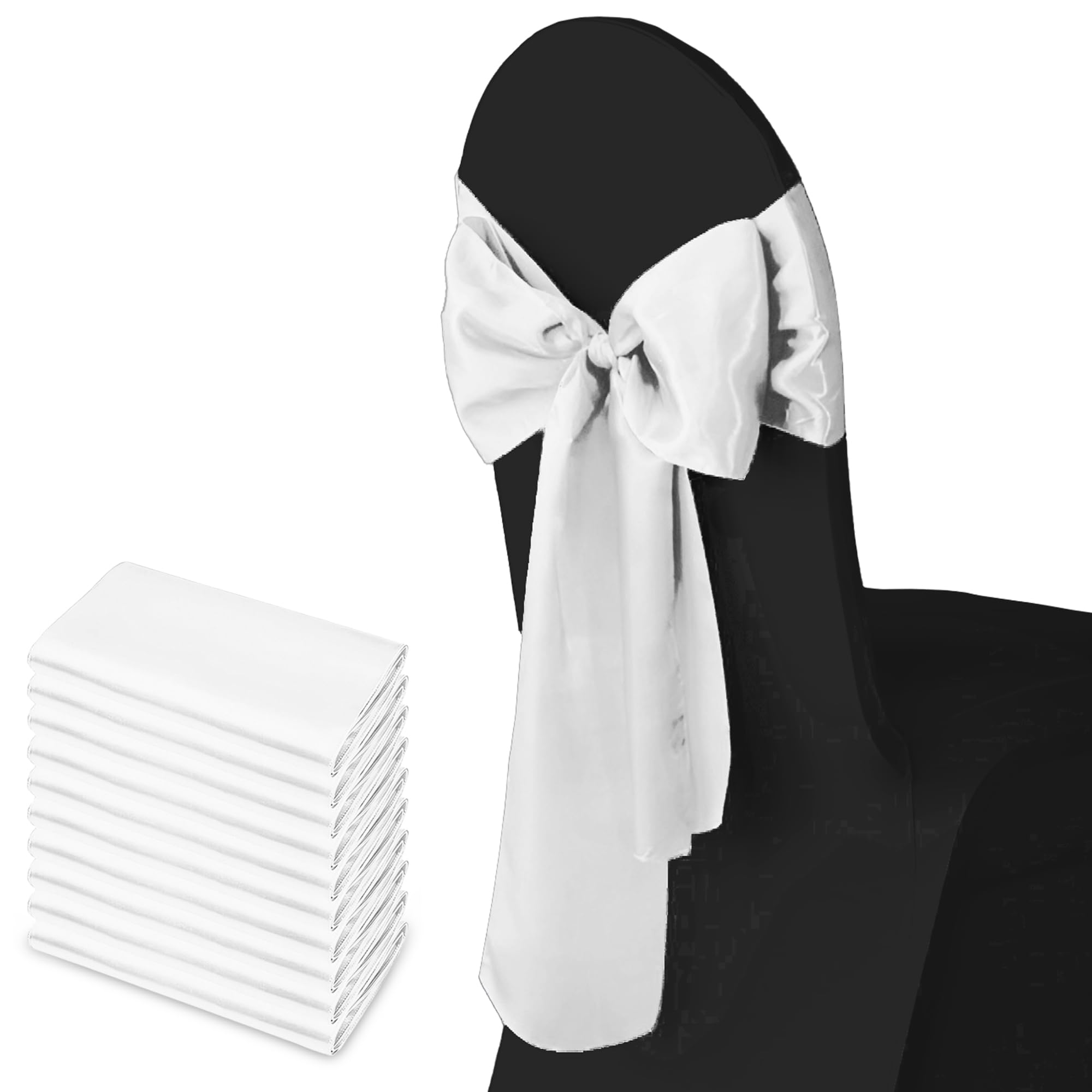Trimming Shop White Satin Chair Sash Wider Fuller Bows Chair Sashes Hammed Edges Bow Back Tie for Wedding Birthday Party Banquet Event Decoration, 10pcs