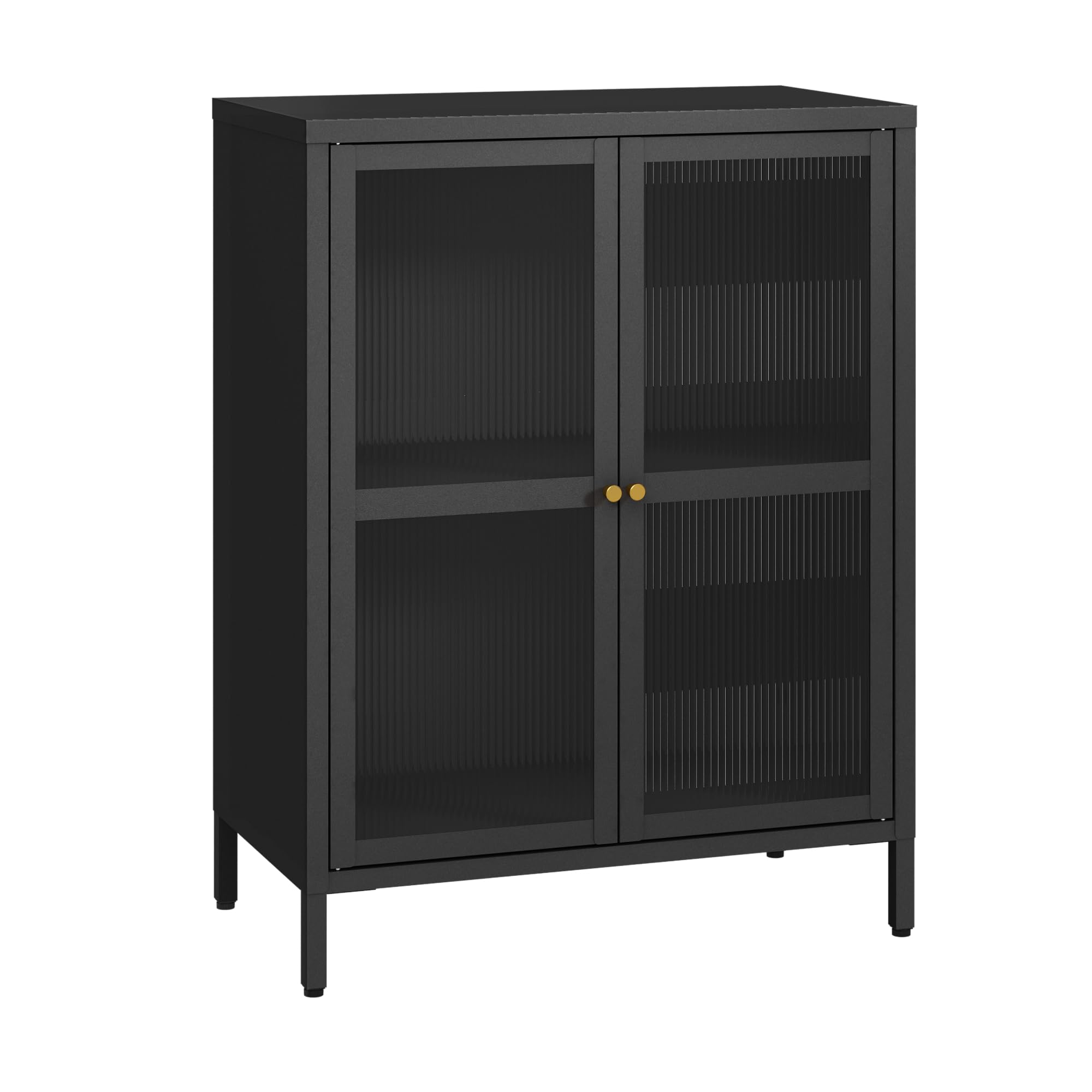 [en.casa] Comò con Ante in Vetro Scanalato Credenza in Acciaio per Soggiorno Mobile Vetrinetta con Scomparto Diviso 84x64x35 cm Nero