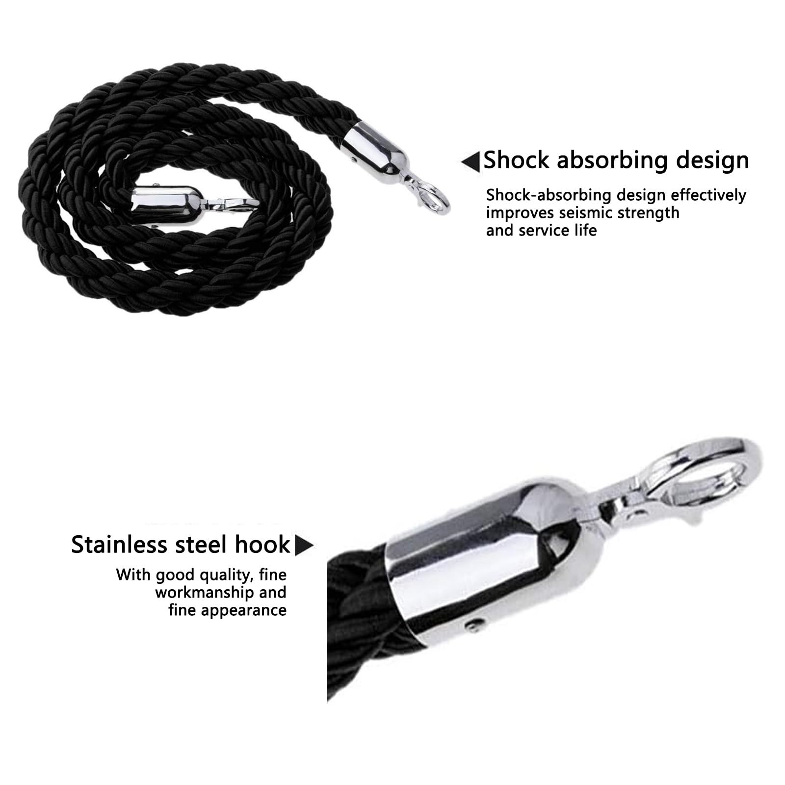 Stanchion - Cuerda de barrera trenzada de 1/1.5/2/2.5/3 m con gancho plateado, cuerda de control de multitudes, cuerda de cáñamo trenzada para divisor de colas (negro, 3 m)