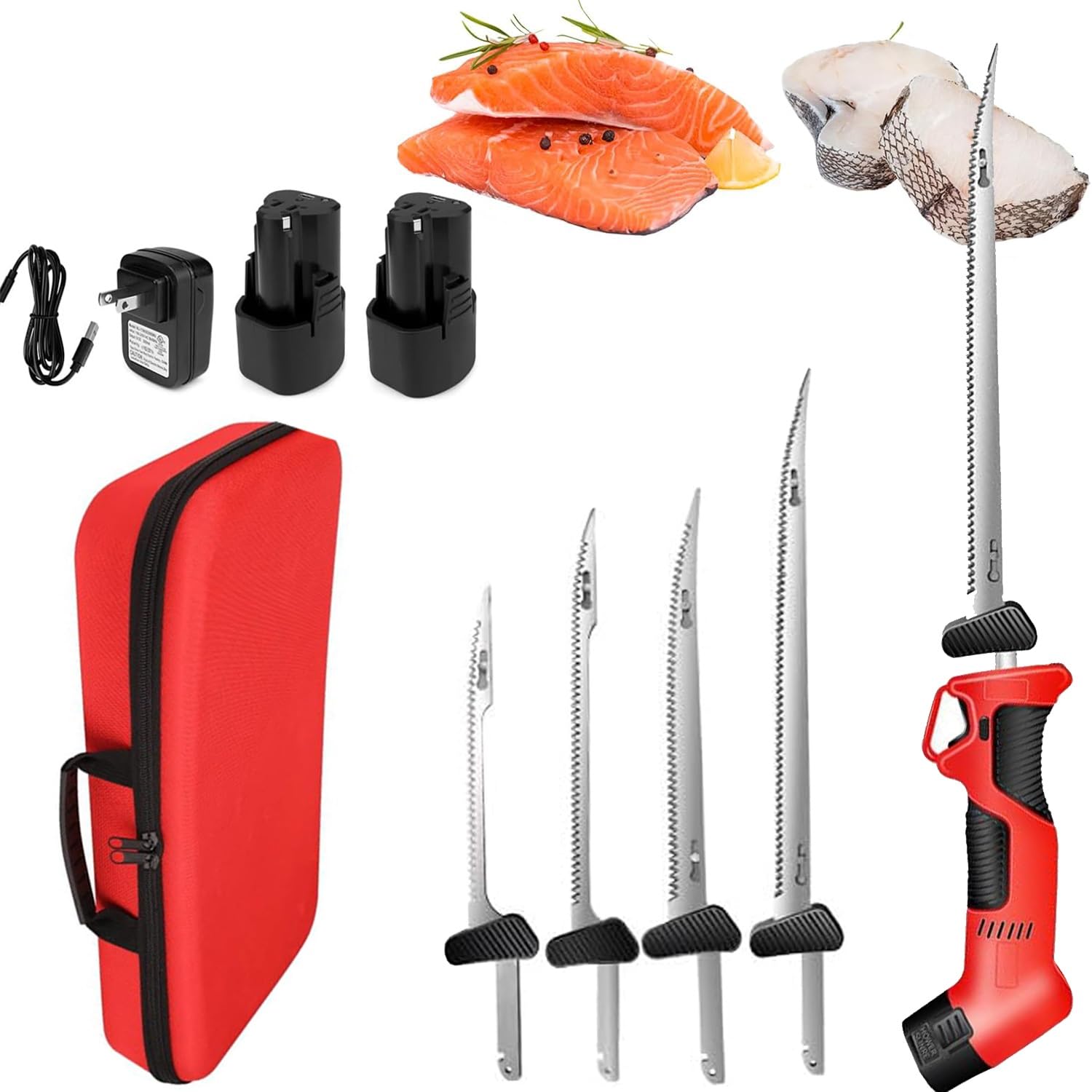 Cuchillo eléctrico inalámbrico for filetear pescado, cuchillo de pesca inalámbrico y recargable con 4 hojas recubiertas de titanio, 2 pilas, mango antideslizante y cierre de seguridad, for carne y pan