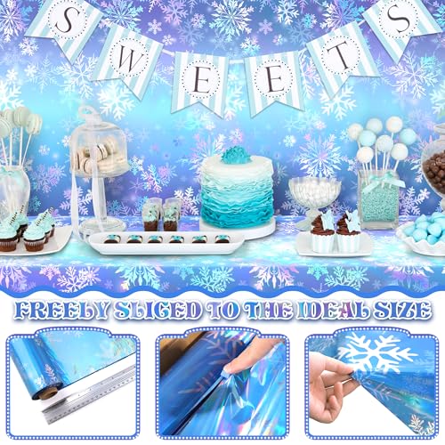 Image of Kochorie 100 Ft x 54 Inch Iridescent Winter Snowflake Tablecloth Roll with Cutter Box Holographic Blue and Purple Snowflake Wonderland Table Cover Backdrop for Frozen Birthday Party Supplies