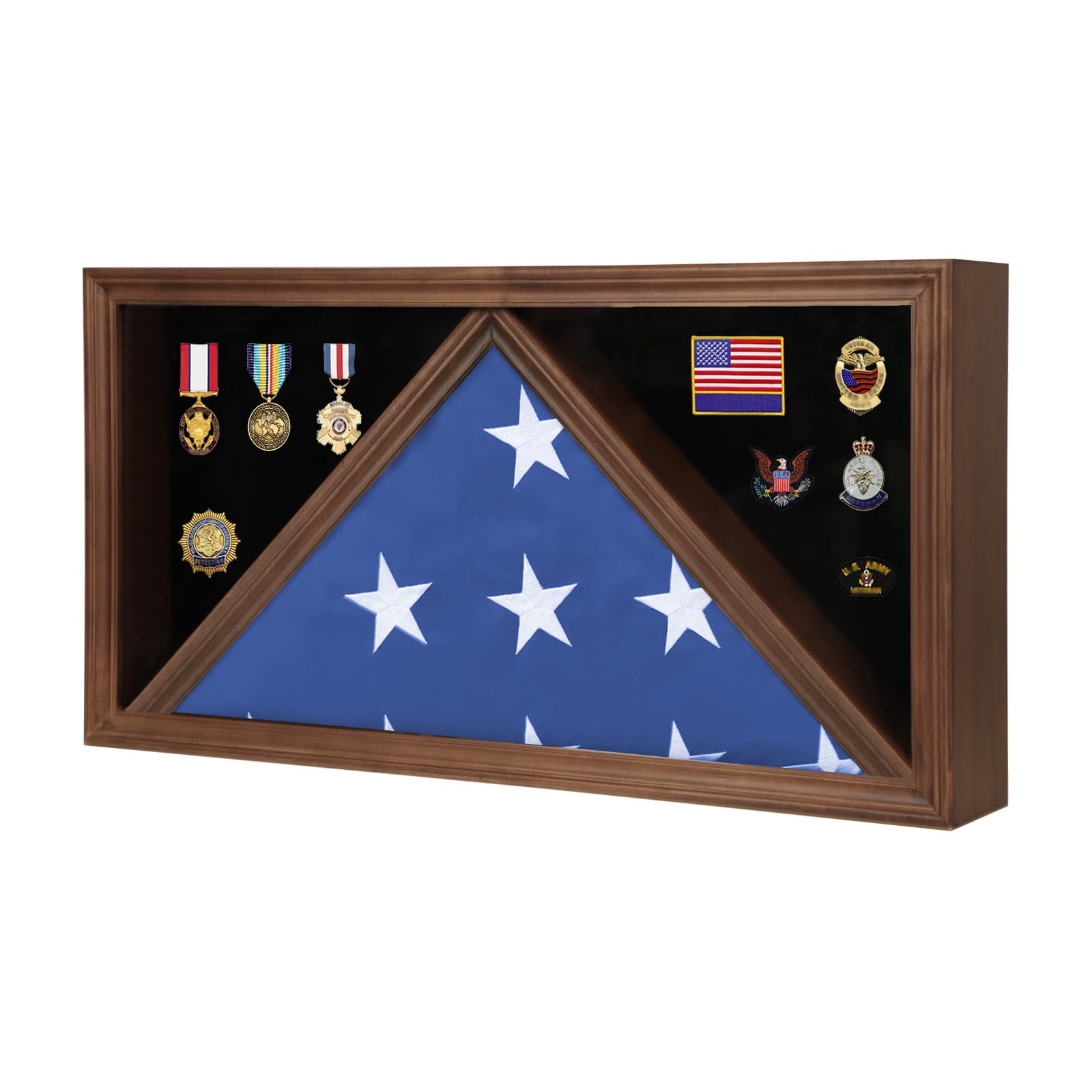 Sboitflmm Large Burial Flag Display Case American Flag Solid Wood Display Case Fits 5’ X 9.5’ Folded Flag Military Shadow Box with Tempered Glass and Certificate Holder, Walnut Rectangle
