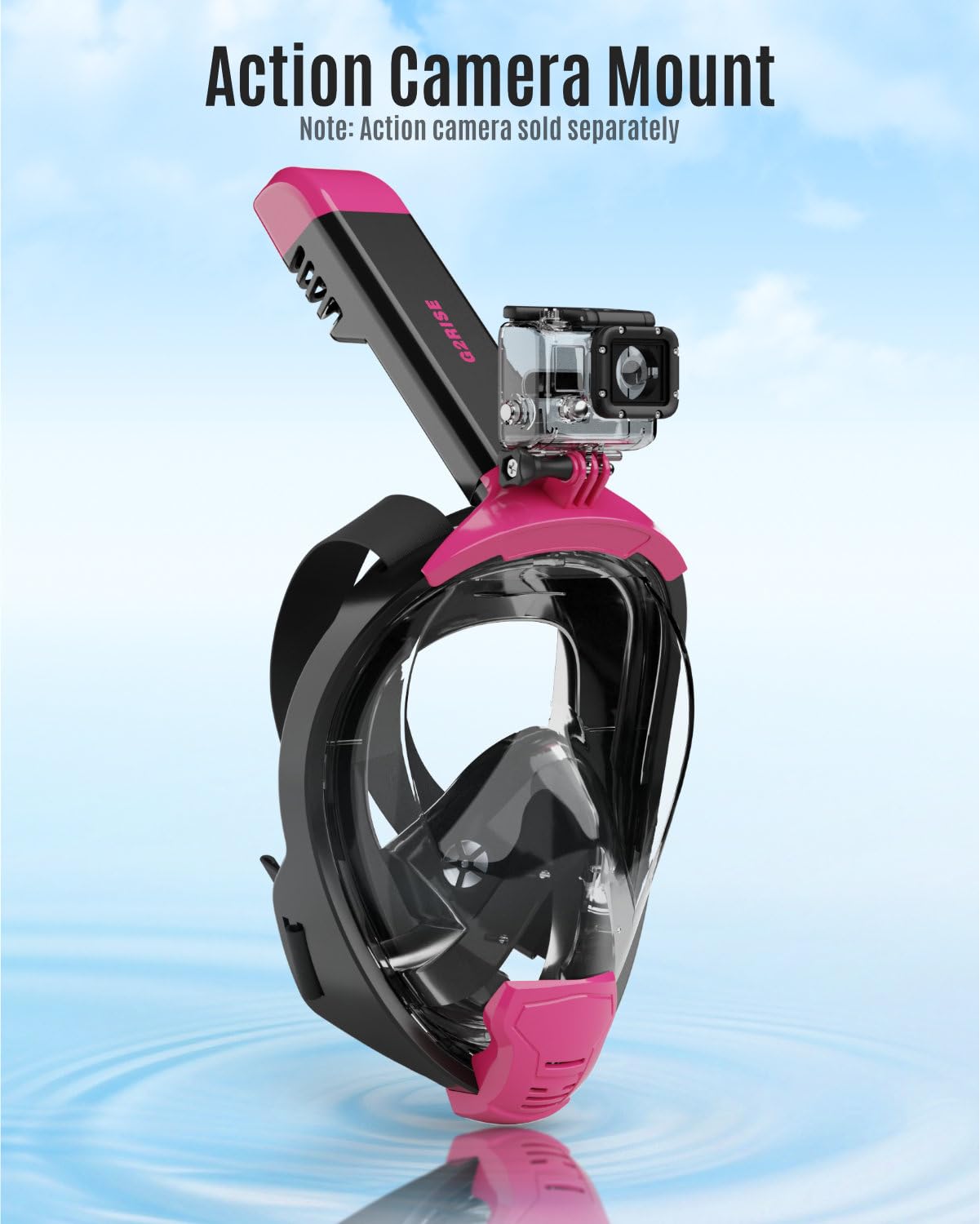 G2RISE Máscara de esnórquel para adultos, máscara completa con soporte para cámara extraíble, absolutamente seguro para el CO2 (negro, rosa, S/M)