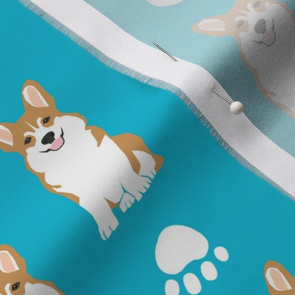 Spoonflower Fabric - Corgi Corgis Dog Cute Turquoise Paw Print Dogs Rescue Printed on Organic Cotton Sateen Fabric by The Yard - Sewing Quilting Apparel Home Decor