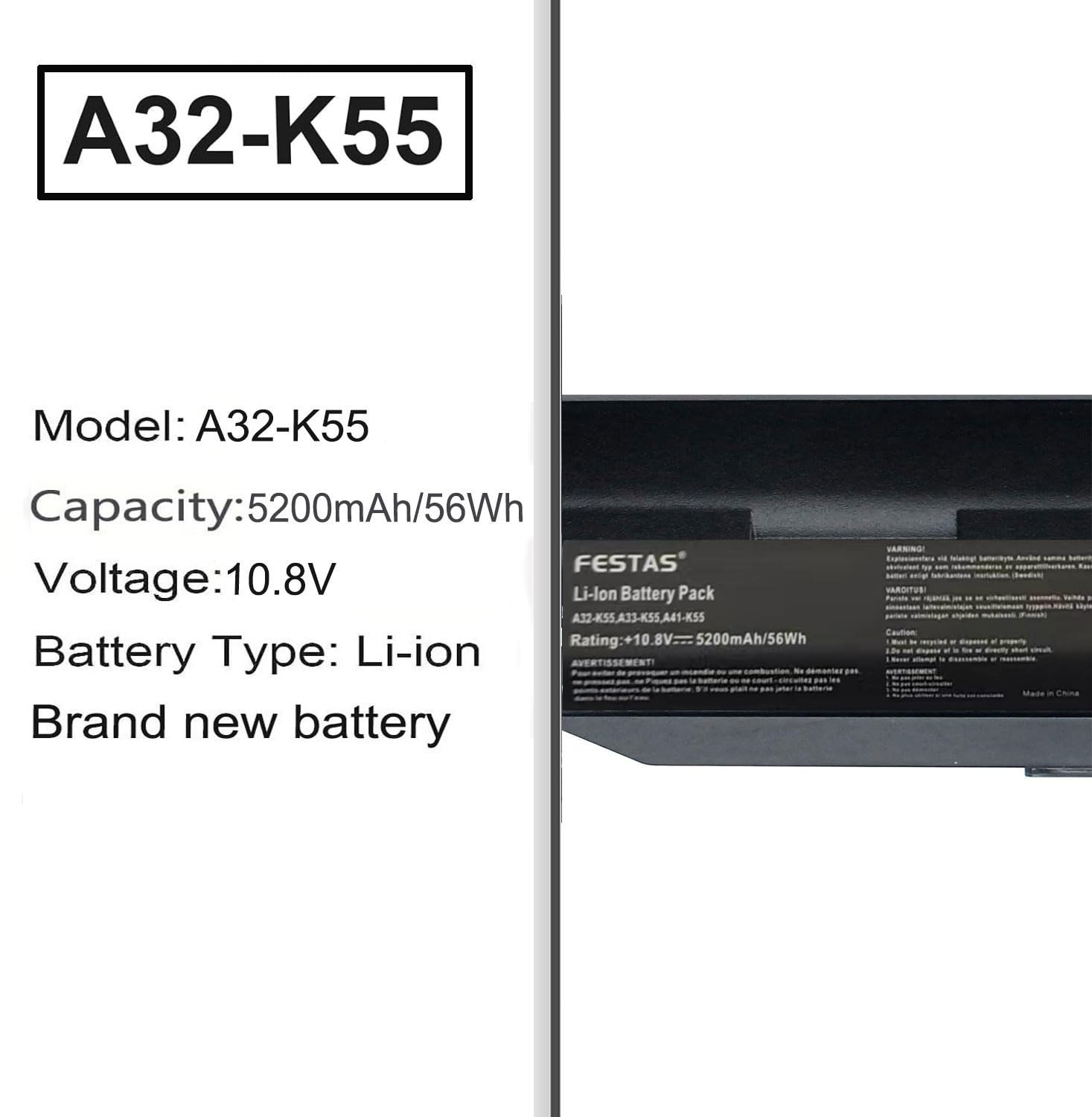 FESTAS A32-K55 Batterie Compatible avec ASUS K55 X75V X75A F75V | F75VC X75VD X55A R700V K75VJ R500VD X55VD X75VC F75A X75VD Series A33-K55 A41-K55 A32-K55X A32-K55X Ordinateur PC Portable