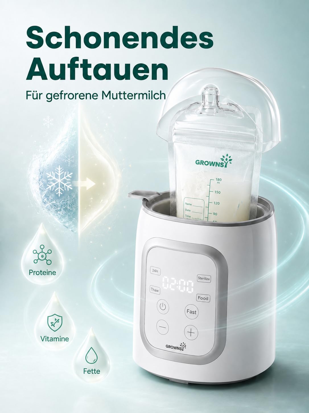 Grownsy Flaschenwärmer Baby, 10-in-1 Fläschchenwärmer für alle Flaschen mit Timer, präziser Temperaturkontrolle und automatischer Abschaltung, multifunktionaler Flaschenwärmer für Muttermilch Grey