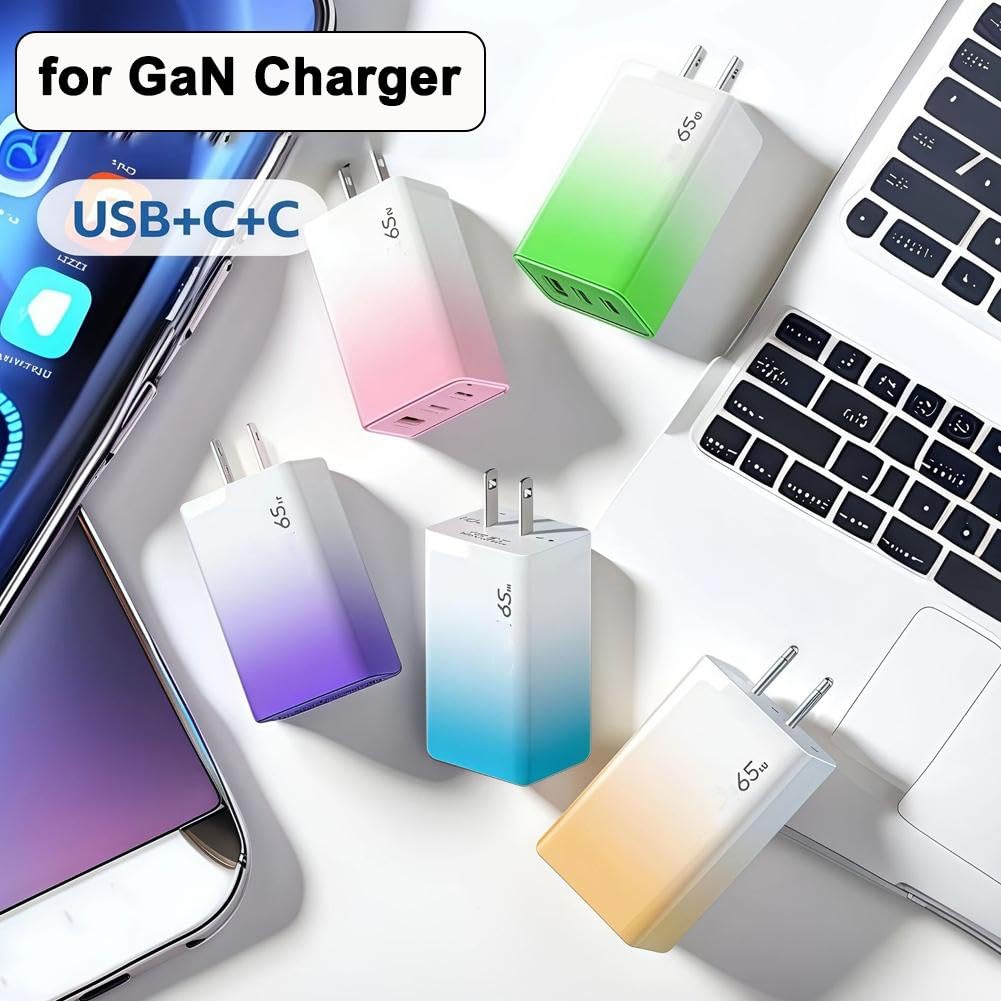 Cargador de viaje GaN de 65 W, cargador USB GaN de 3 puertos, con cable USB y 2 PD, estación de viaje de carga rápida para teléfono y portátiles (rosa)