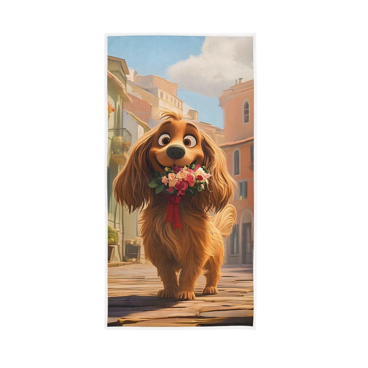 HUYGD Cartoon Dog Holding Flowers Hand Towels, 15 x 30 Inches, Soft Highly Absorbent Towels for Bathroom Gym Hotel