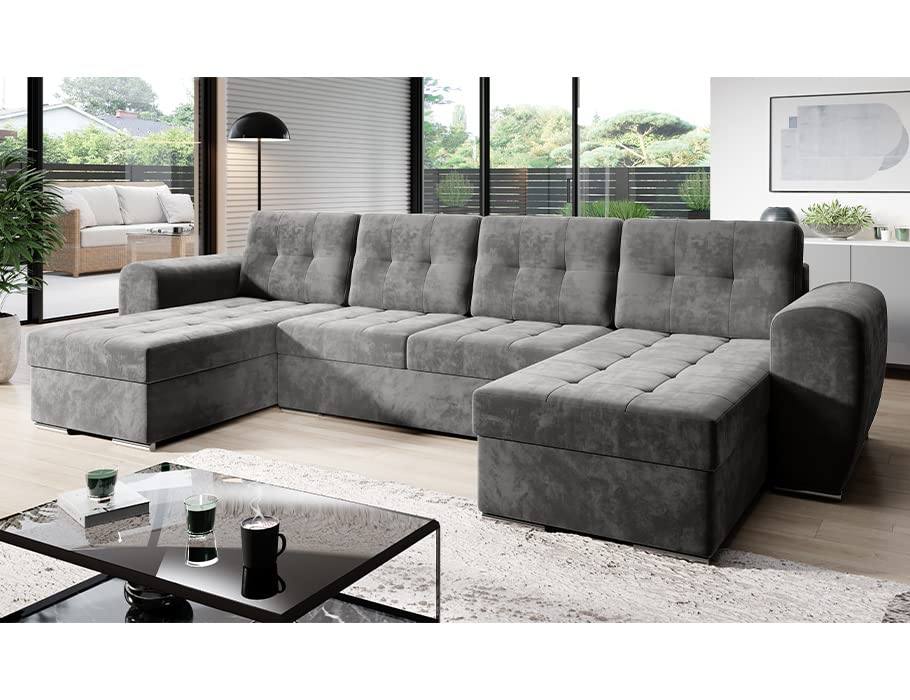 Moderno Bari Living Room Sofa with Sleep Function, Couch, U-Shaped Sofa Bed with Bed Box, Corner Sofa Bed, Modern Living Room Furniture, Corner Couch, Velour Fabric, Quilted Sofa, Grey