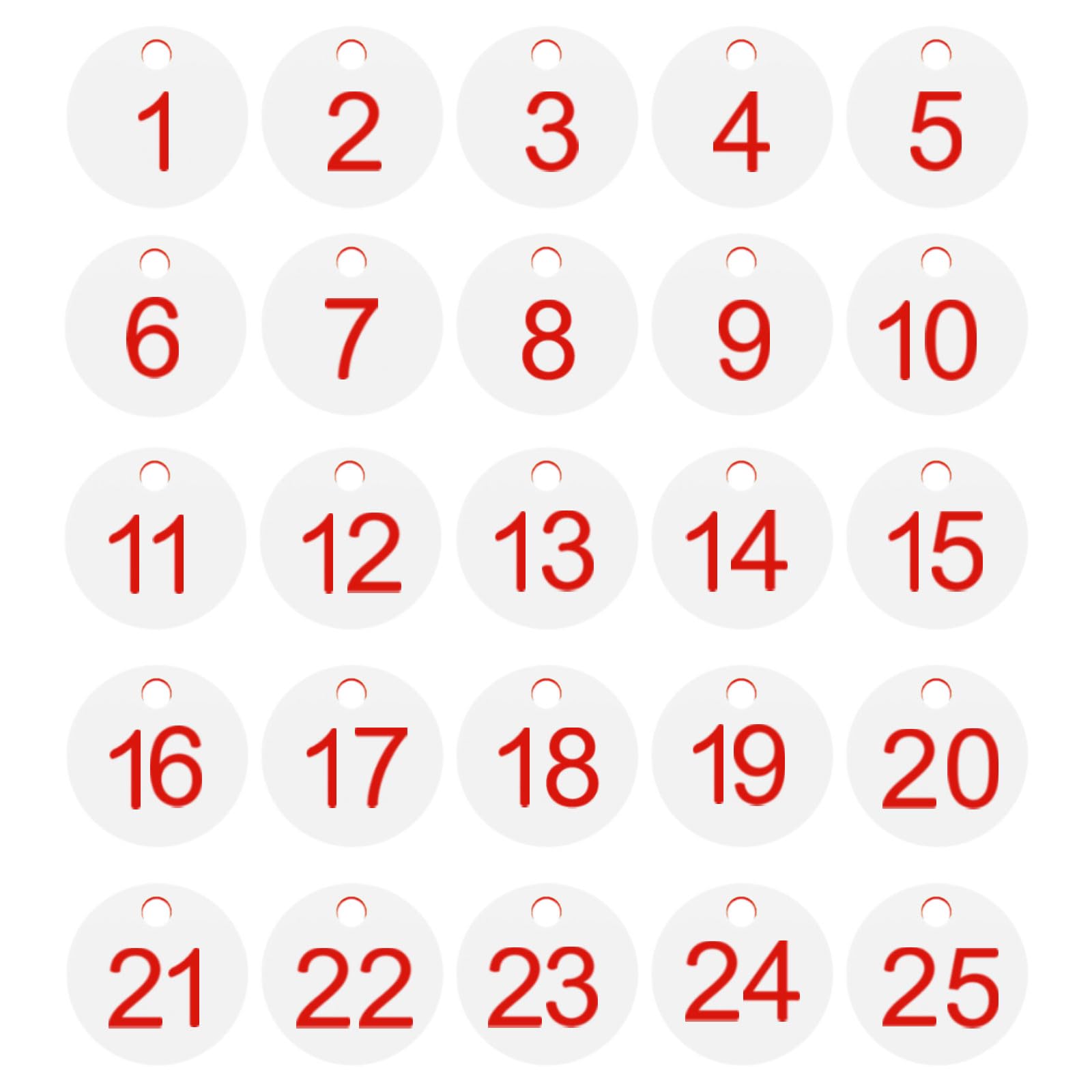 PATIKIL 1-25 Number Tags, 25Pcs Round ID Number Key Tags Plastic Numbered Keychain for Luggage Lockers Organizer Field Sales Hangers Clothes Labels, Red-White
