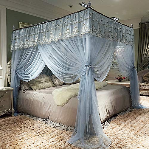 Jqwupup Elegant Bed Curtains Canopy, Embroidery Ruffle 4 Corner Post Canopy Netting For Bed, Bed Canopy For Girls Kids Adult, Bedding Décor (Queen, Grey) #TOP14