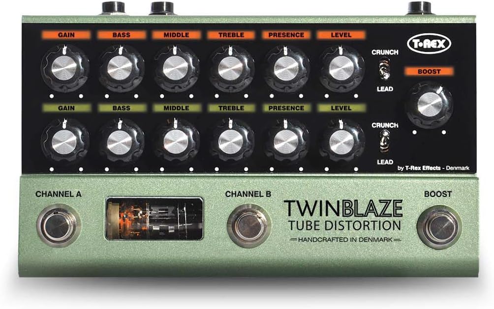 T-REX EFFECTS Analog Tube Distortion, 2ch 12AX7 (ECC83), Independent 20 dB Clean Boost Circuit, 4 Band EQ, Speaker Simulator, Powered by 12 VDC, TWIN BLAZE