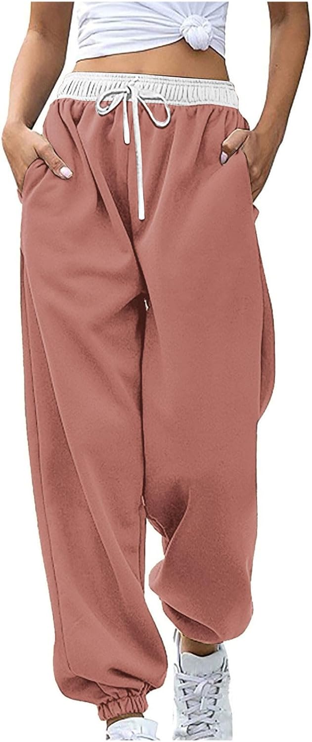 Wide Leg Sweatpants for Women Stripe Color Block High Waist Drawstring Cinch Bottom Athletic Running Lounge Pants