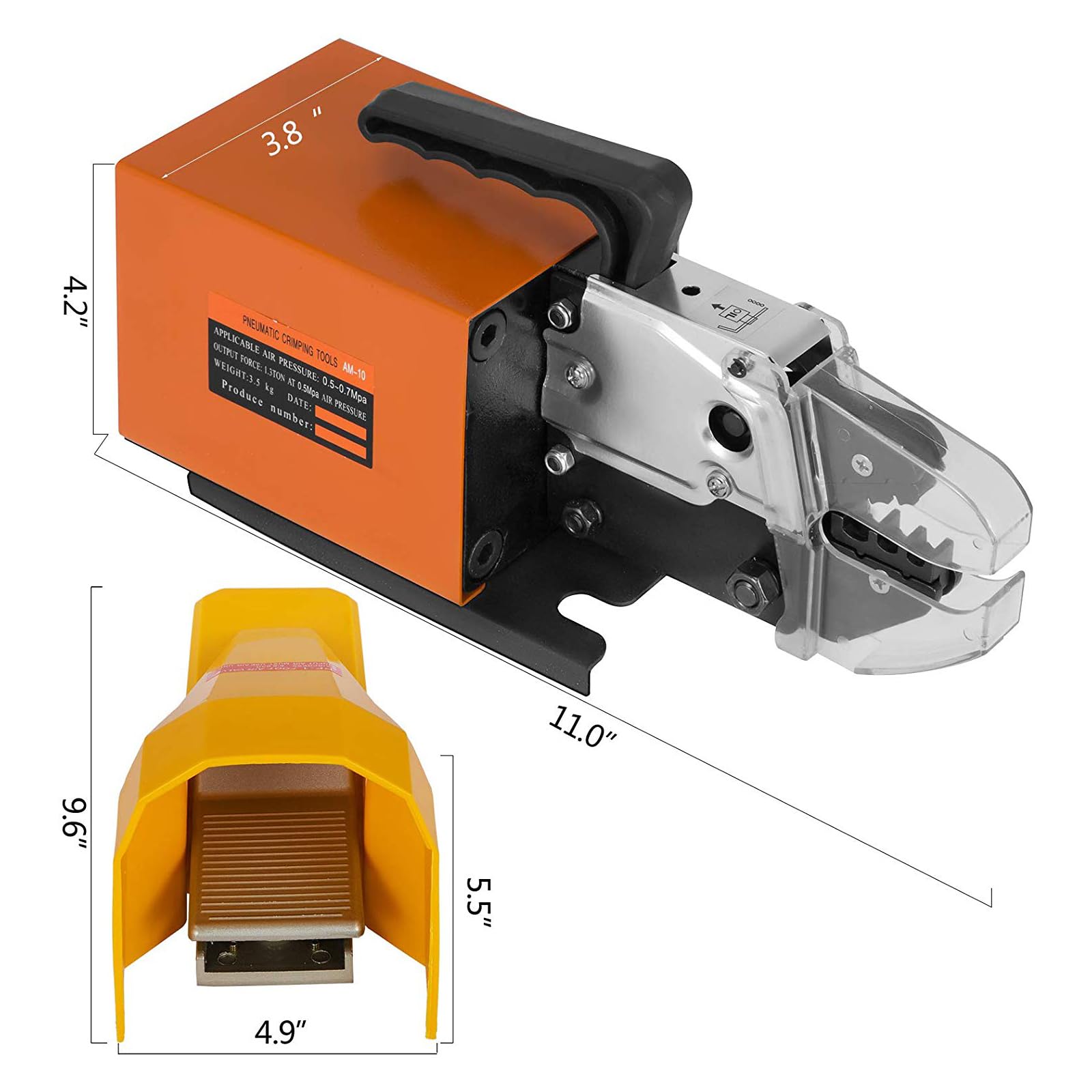 VEVOR Pinza a Crimpare Pneumatica Am-10, Macchina per Crimpare Terminali per Cavi Alimentata ad Aria per Crimpare Fino a 16 mm, Pinza per Crimpatura Pneumatica 10 Set Matrici per Terminali Elettrici