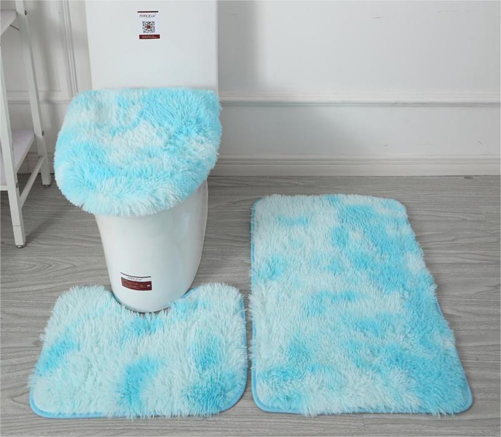 Washable Toilet Mat,Toilet Bath Mat,Soft Microfiber Bathroom Rugs Sets 3 Piece,Non-Slip Bath Mat Fluffy Plush Toilet Seat Cover For Bathroom,Water Absorbent Bathmat,Machine Washable (Sky blue)