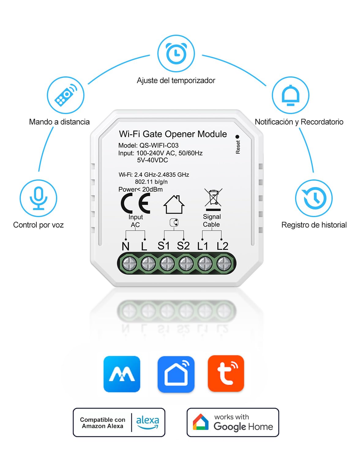 Maxcio Abridor de Puerta de Garaje Inteligente WiFi, Compatible con Alexa/Google Home, Control por Aplicación, control por Voz, compatible con CC y CA, No Requiere Hub, Con Control Remoto
