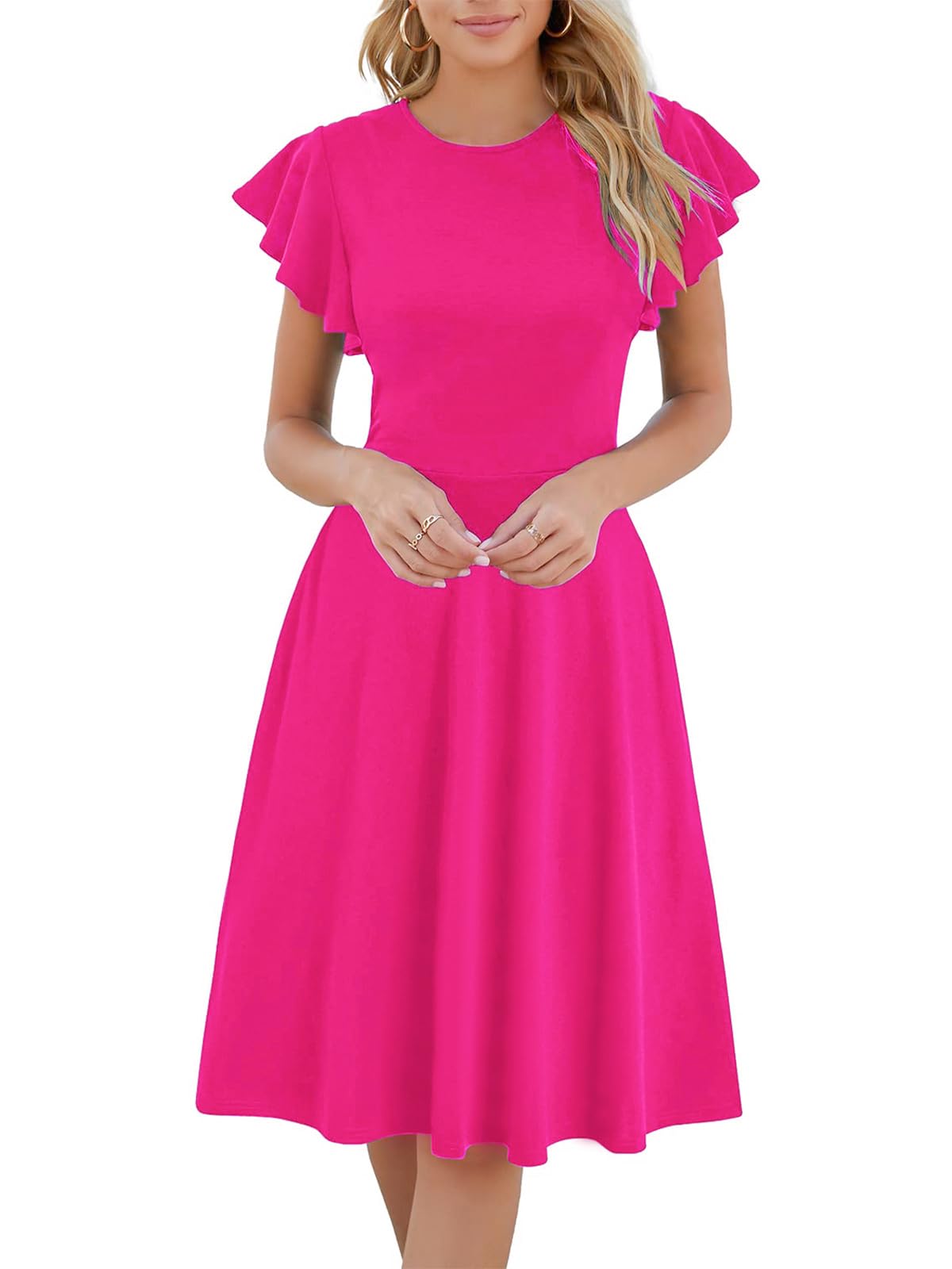 MSLG Women's Fit and Flare Ruffle Short Sleeves Dresses Work V-Back Cocktail Semi Formal A Line Dress with Pockets 842