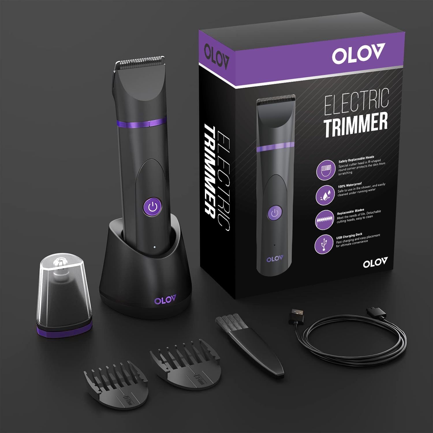 OLOV Electric Body Hair Trimmer - Groin Trimmer for Men - Bikini Trimmer Women - Wet/Dry Shaver Groomer, Replaceable Ceramic Blade Heads, USB Recharge Dock, Waterproof Hygiene Razor, Black Violet - Image 6