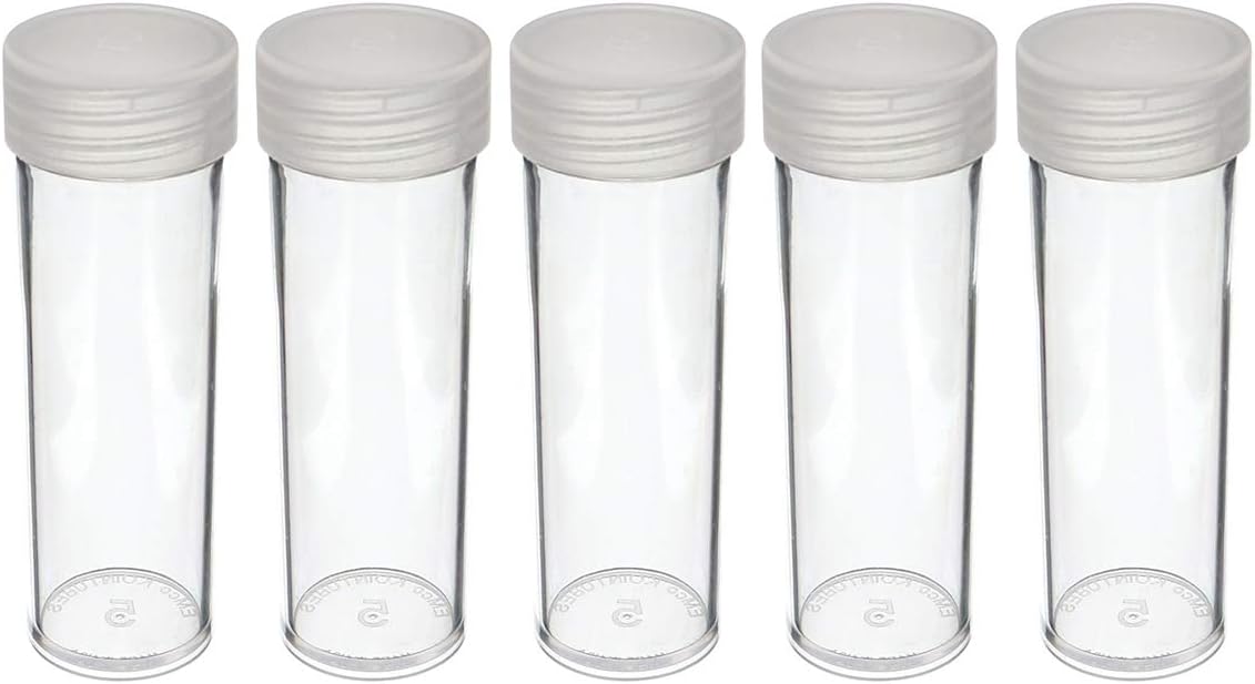 (5) Edgar Marcus Brand Round Clear Plastic (Nickel) Size Coin Storage Tube Holders with Screw on Lid