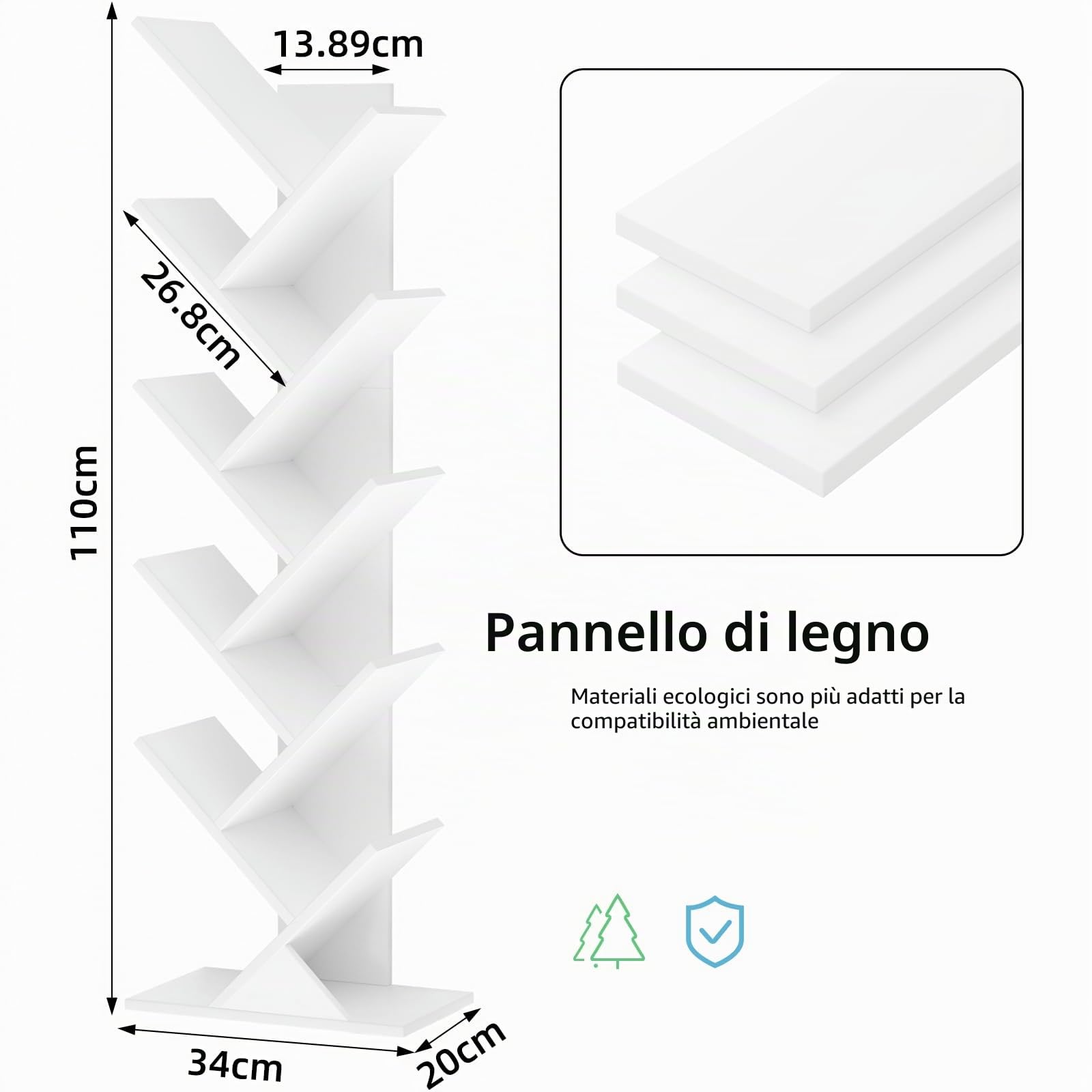 LELELINKY libreria ad albero, scaffale verticale a 10 livelli per libri/CD/riviste, libreria DVD in legno, per soggiorno, camera da letto e ufficio, bianco