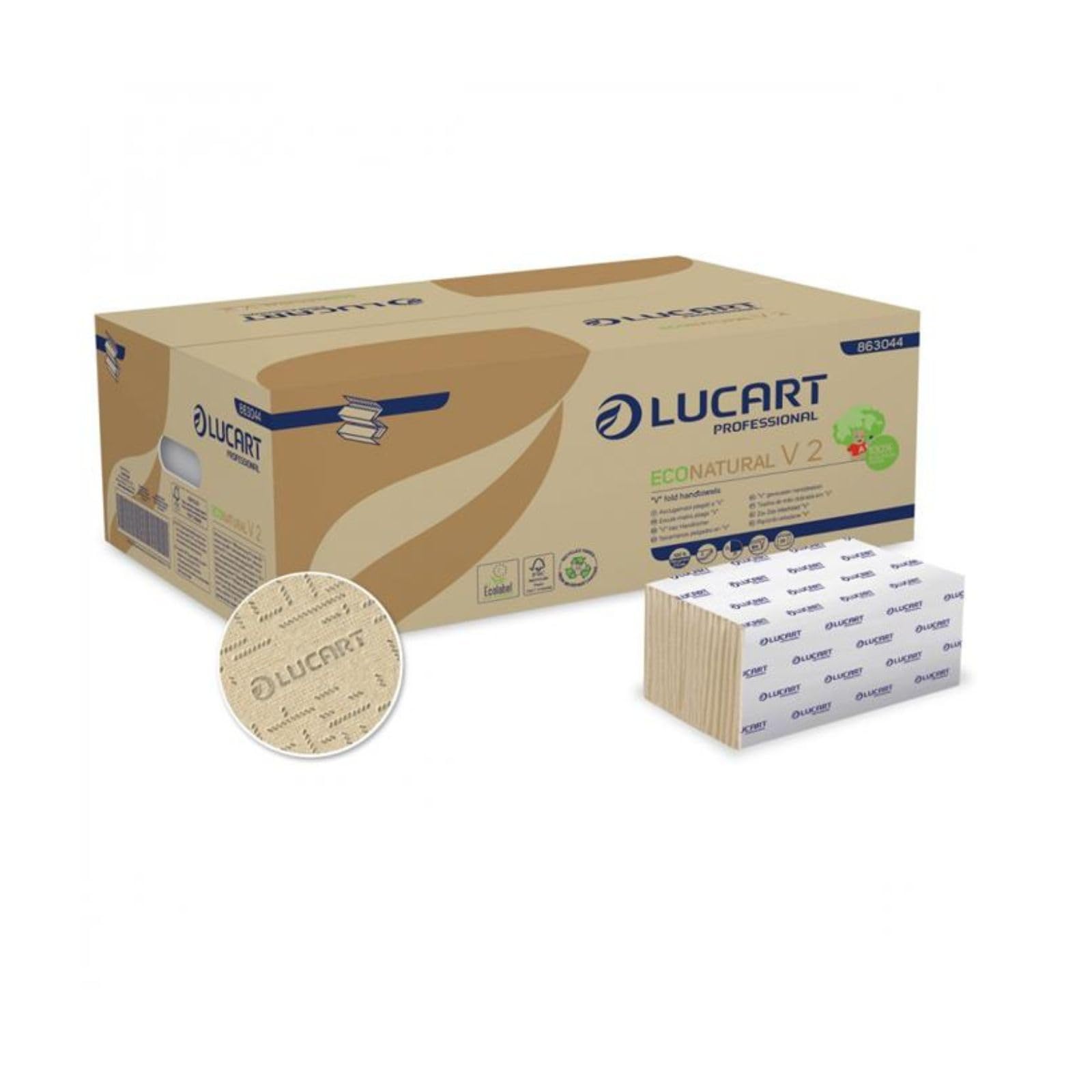 Lucart Professional, EcoNatural V2, V-Fold Fiberpack Towels, idéal pour les salles de bains publiques et les bureaux, 190 pièces par paquet, 21x21 cm, 20 paquets