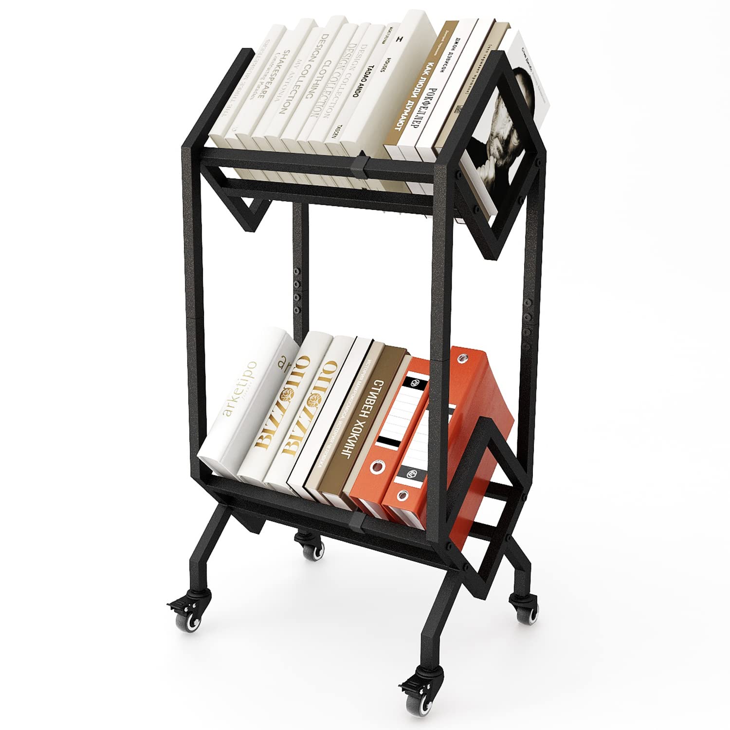 VEDECASABookshelf Book Rack Industrial Metal Bookcase 2 Tier Holder with Wheels Modern Stylish Design Magazines Files Album Recipe Book Storage Organizer for Sofa End Bed Beside