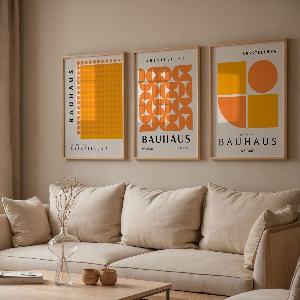 ARTINSPIRIO Bauhaus Wandbilder Set, 3-teilig, Orange und Gelb, Geometrisches Design, Ausstellung Weimar, Ohne Rahmen (A2)