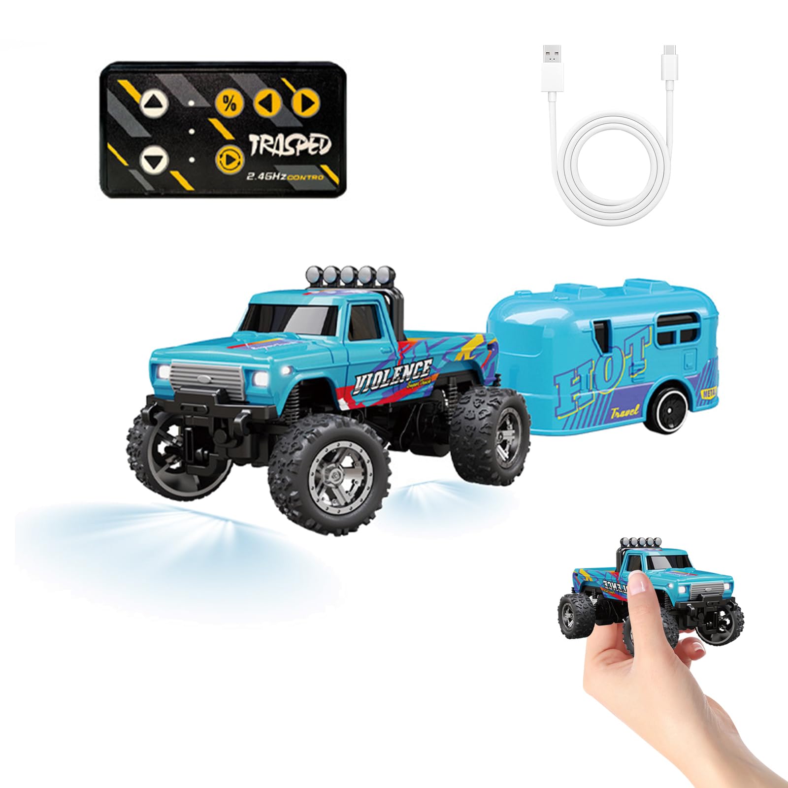 Blue Mini RC Monster Truck, 1/64 Scale Alloy Remote Control Cars with Mini Bus Toy - Image 3
