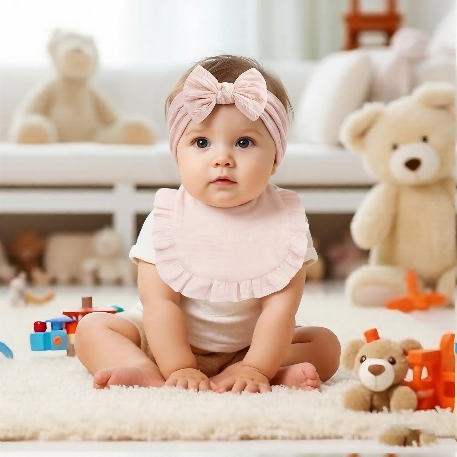 Baby Headband and Dribble Bib Set, Soft Cotton Hairband And Drool Bib for Newborns and Toddlers(Light Pink) - Image 4