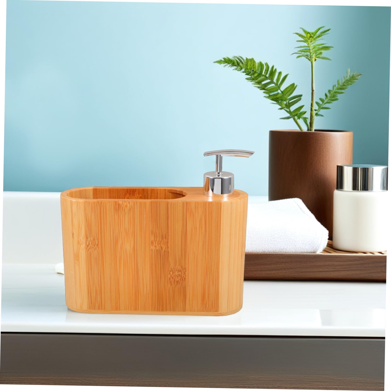 Dispenser Sapone da Appoggio a Forma Ellittica in Legno e Plastica | Design Raffinato ed Ergonomico, per Bagno di Casa, Forma Ellittica Decorativa