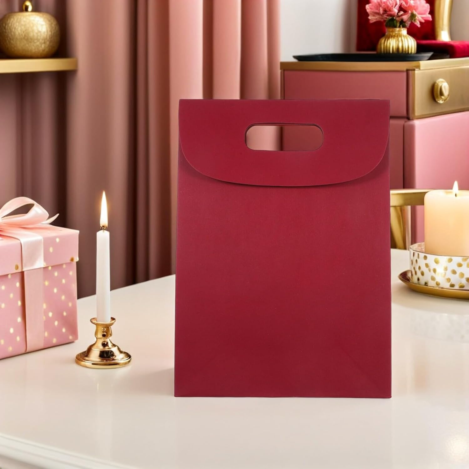 10pcs Kraft Paper Bags with Handles 20x9x28cm Red Brown Reusable Party Favor Bags for Shower Wedding Treats and Candy PackagingNO.3403