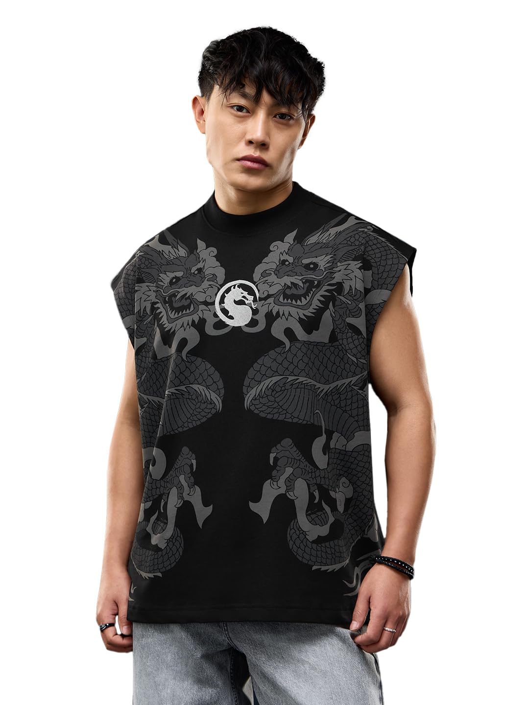 the souled store Mortal Kombat: Fatality Men and Boys Sleeveless Round Neck Black Embroidered Cotton Streetwear Oversized Fit Dragon Graphic Casual Vests-picture-40