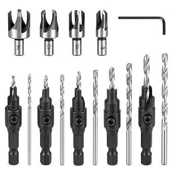 Countersink Drill Bit Set 4 Wood Plug Cutter 5 Pilot Hole Drill Bits with 1/4 Inch Hex Shank with 5 Twist Drill and 1 Hexagonal Wrench Tool for DIY Woodworking