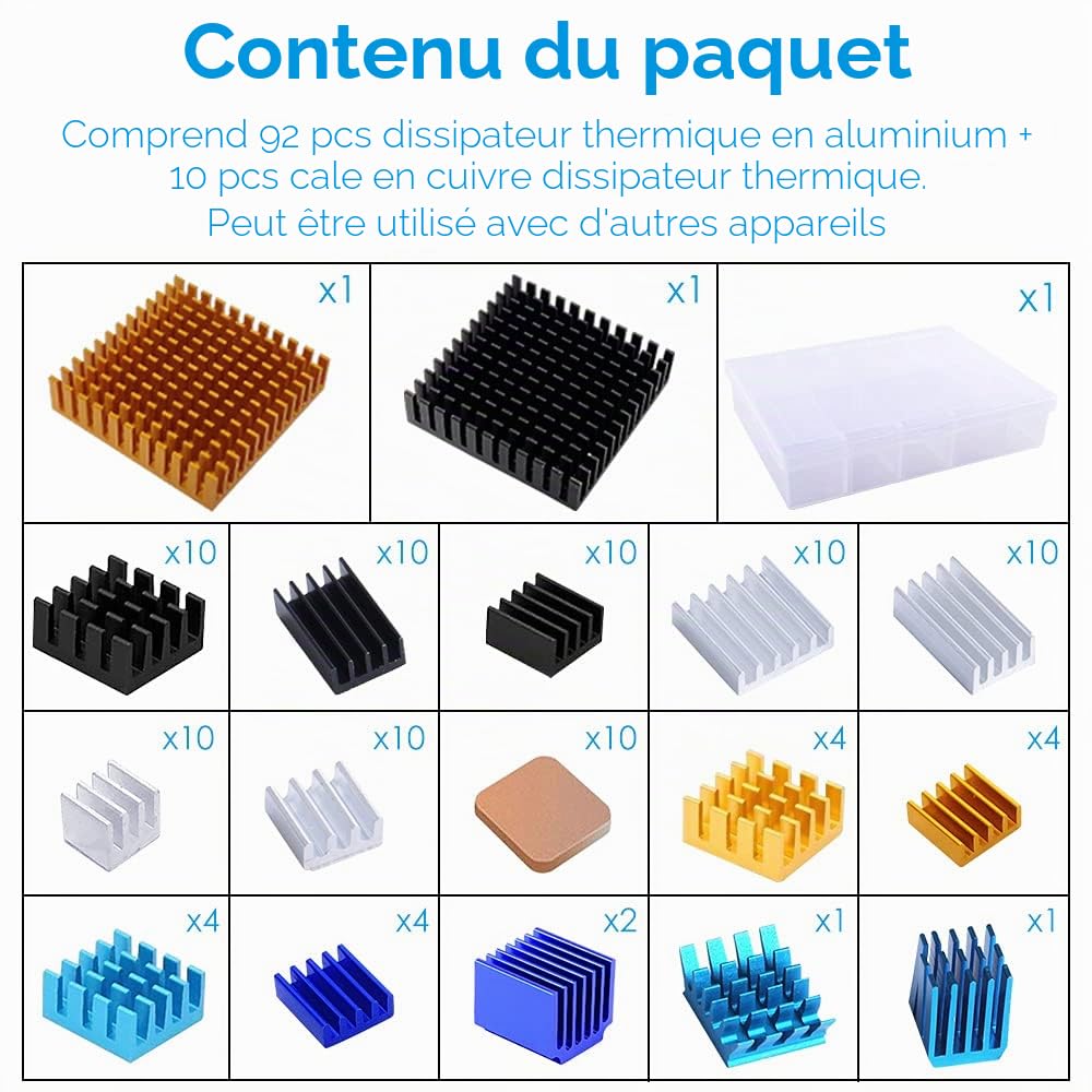 GeeekPi 102 pièces (12 Tailles différentes) Kit de dissipateur Thermique avec Ruban adhésif conducteur, Refroidisseur de dissipateur en Aluminium et dissipateur cuivre pour Raspberry Pi A B B + 2/3/4