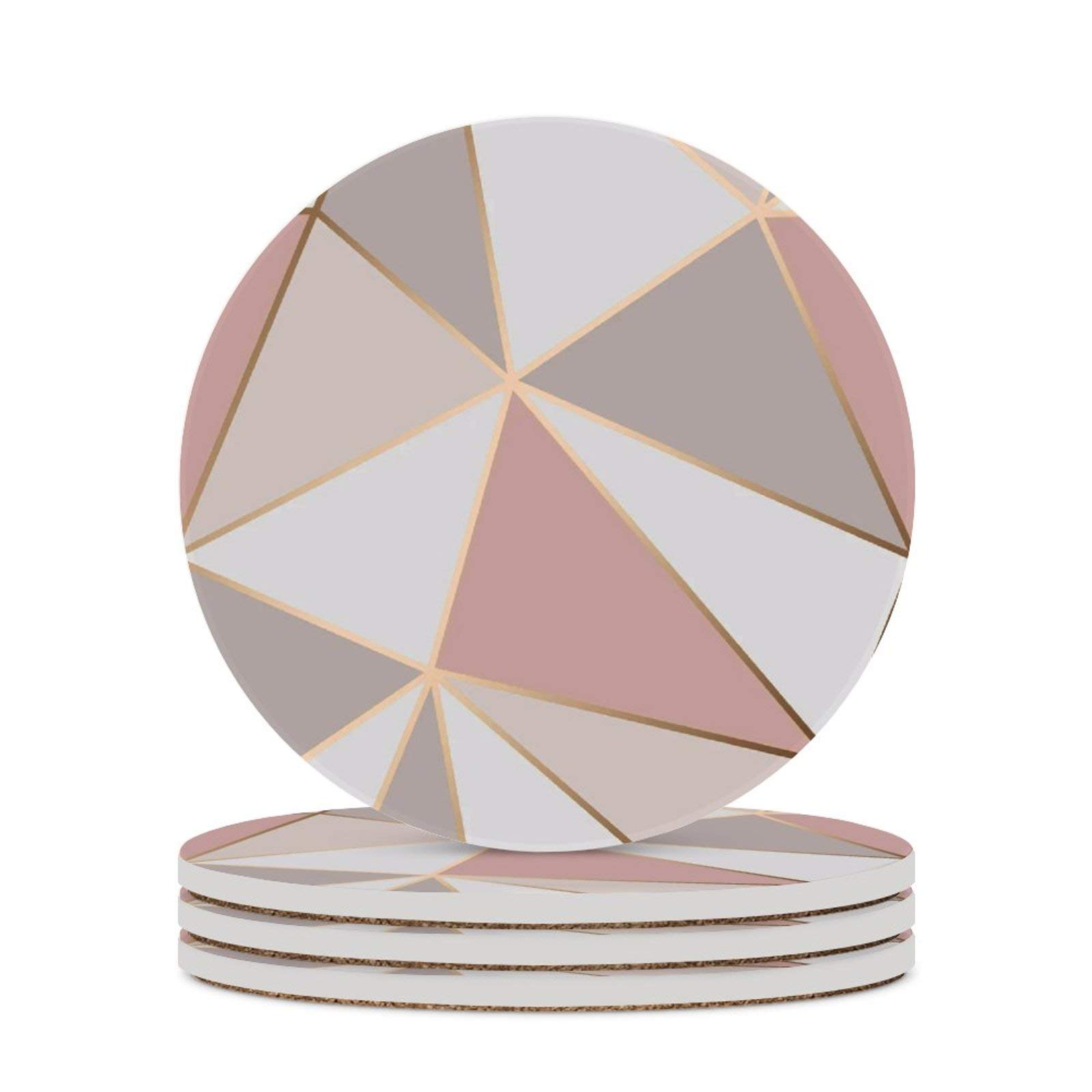 Vibiliyou Pink White and gray geometric triangle pattern Ceramic Set of 4 Absorbent Round Coasters for Drinks 4 inch - Ceramic Stone Cup Mat Water Absorb Spill Coaster for Mugs and Cups