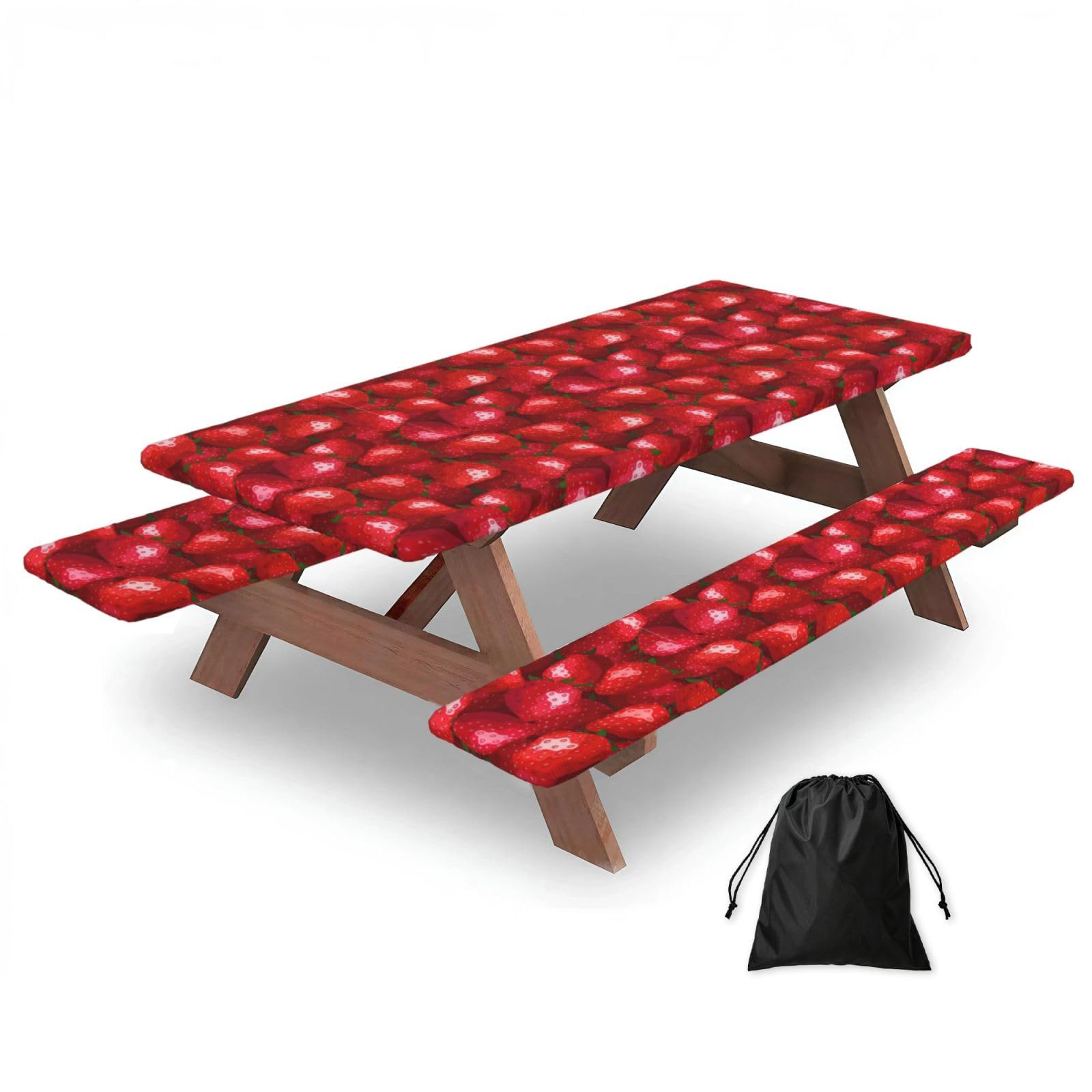 Zyjhyy Black Red Strawberry Print Party Table Covers With Bench Covers Set Of 3 Picnic Table Cloth Wipe Clean For Garden Camping