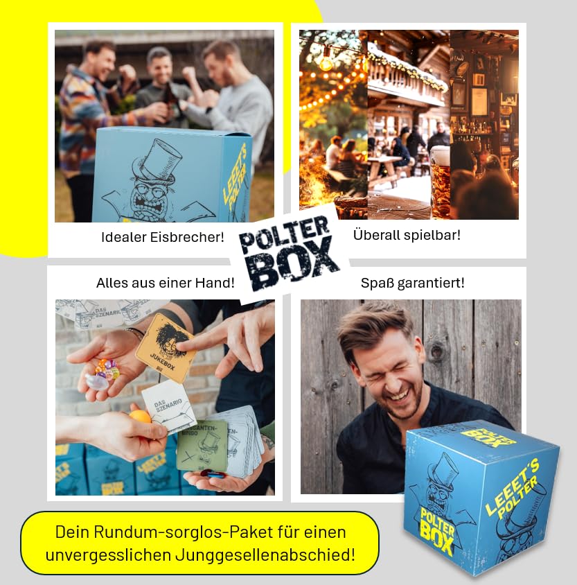 JGA PolterBox Deluxe – Komplettset mit 11 Partyspielen für Junggesellenabschied, 4–20 Spieler – All-in-One JGA Partybox für Polterabend, Aufgaben & Gruppen-Challenges (Men’s Edition)