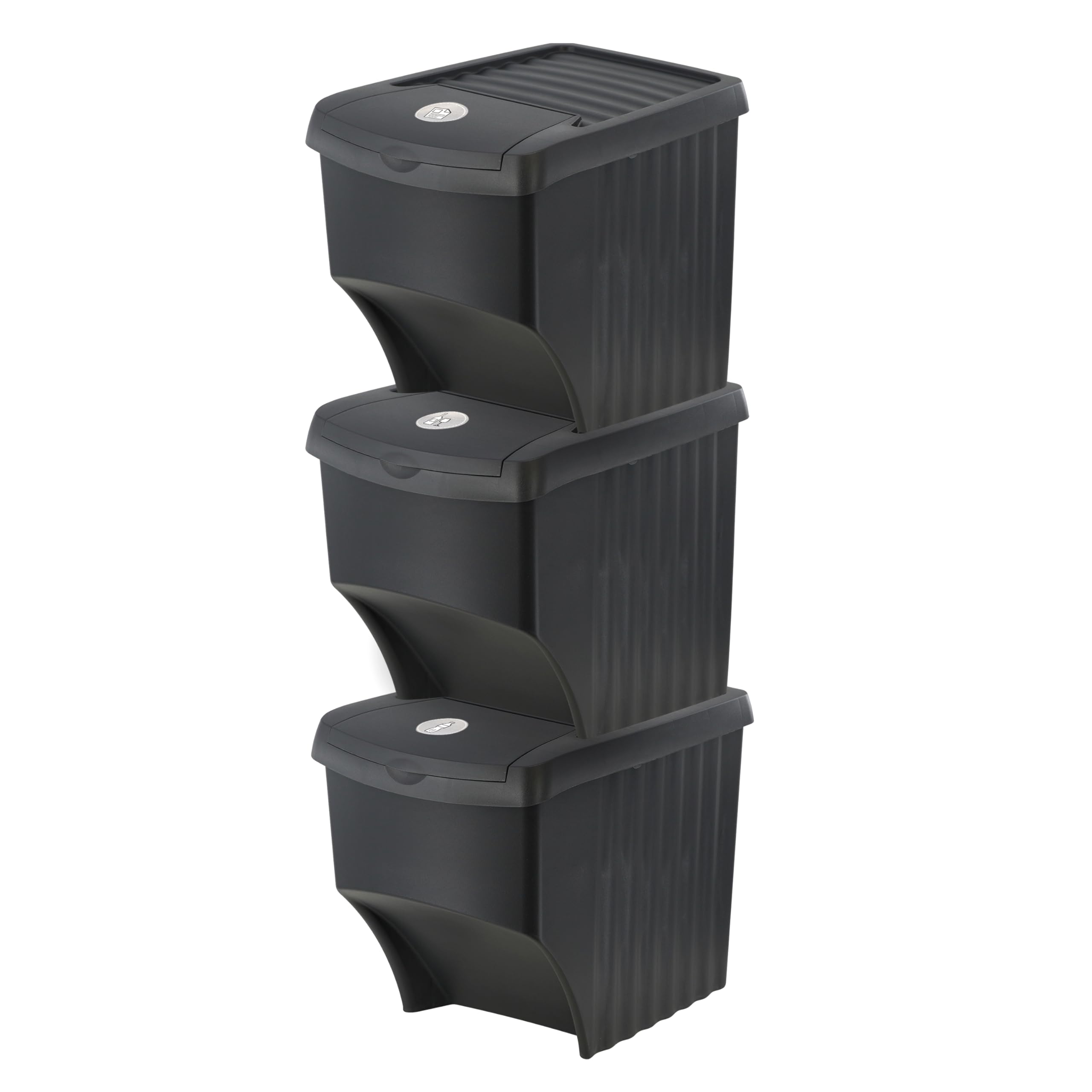 GEEZY 22L Grey Open Fronted Set Of 3 Large Stackable Waste Recycling Bins With lids Indoor Outdoor Kitchen Garden Durable Plastic Dustbin With Guided Stickers
