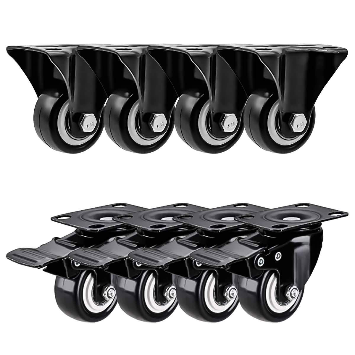 FactorDuty 8 Pack Combo 1.5 inch Caster Wheels 4 Rigid Non Swivel Fixed Stationery & 4 with Brake Swivel Plate All Black Polyurethane Wheels Non