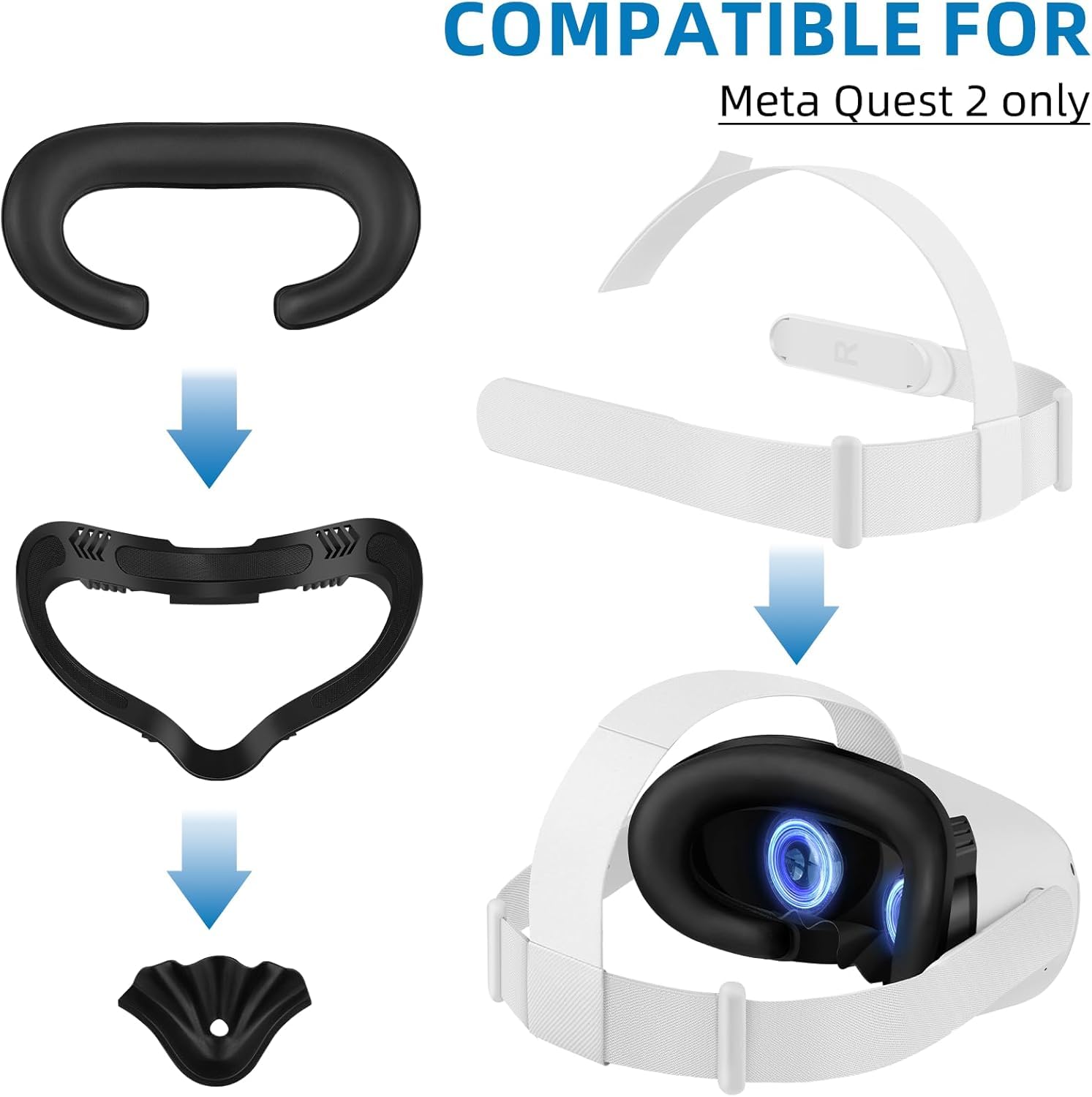 Cinghia per la Testa e Copertura per il Viso per Meta Quest 2, Kit di Accessori VR con Cinghia di Regolazione Sostitutiva e Imbottitura per il Viso Compatibile con Oculus Quest 2